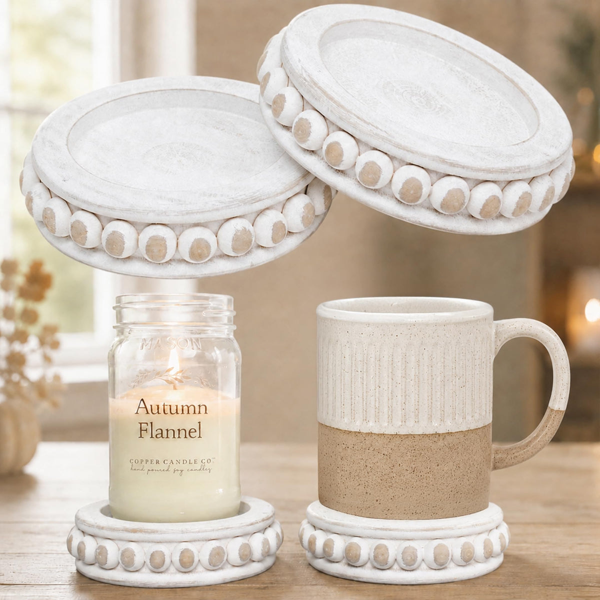 Felt Creative Home Goods Set of 2 Round Rustic Wood Beaded Risers - Sturdy 2-Sided Stackable Decor Pedestal Stands for Tiered Tray, Candle, Mug Display (Rustic White, 5 inch)