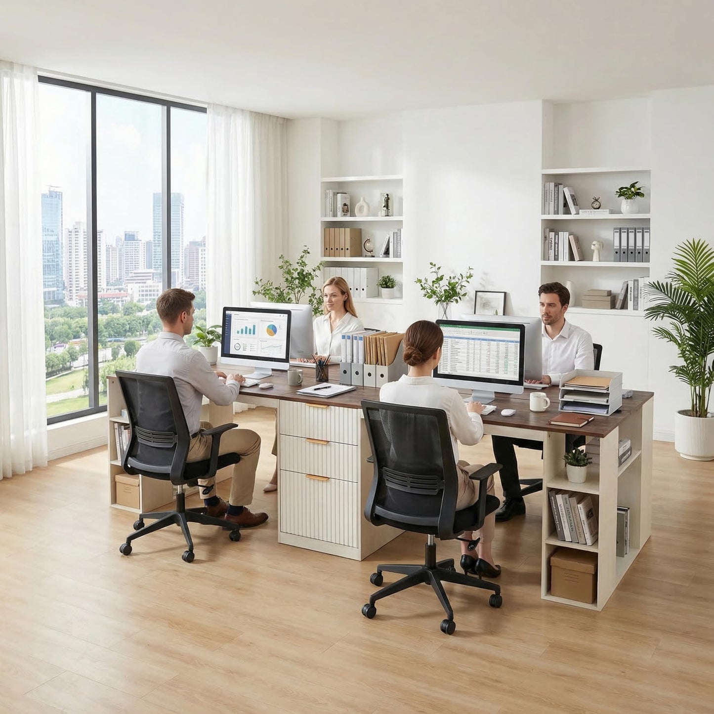 NORTHSKY 96.5" 2 Person Desk with Power Outlet & USB Ports, Double Computer Desk with Drawers & Storage Shelves, Modern Fluted Home Office Desk, White