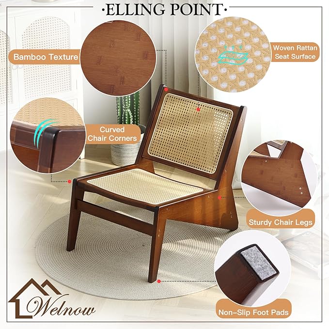 Welnow 2-Pcs Mid Century Rattan Accent Chair, Bamboo Wood Lounge Chair
