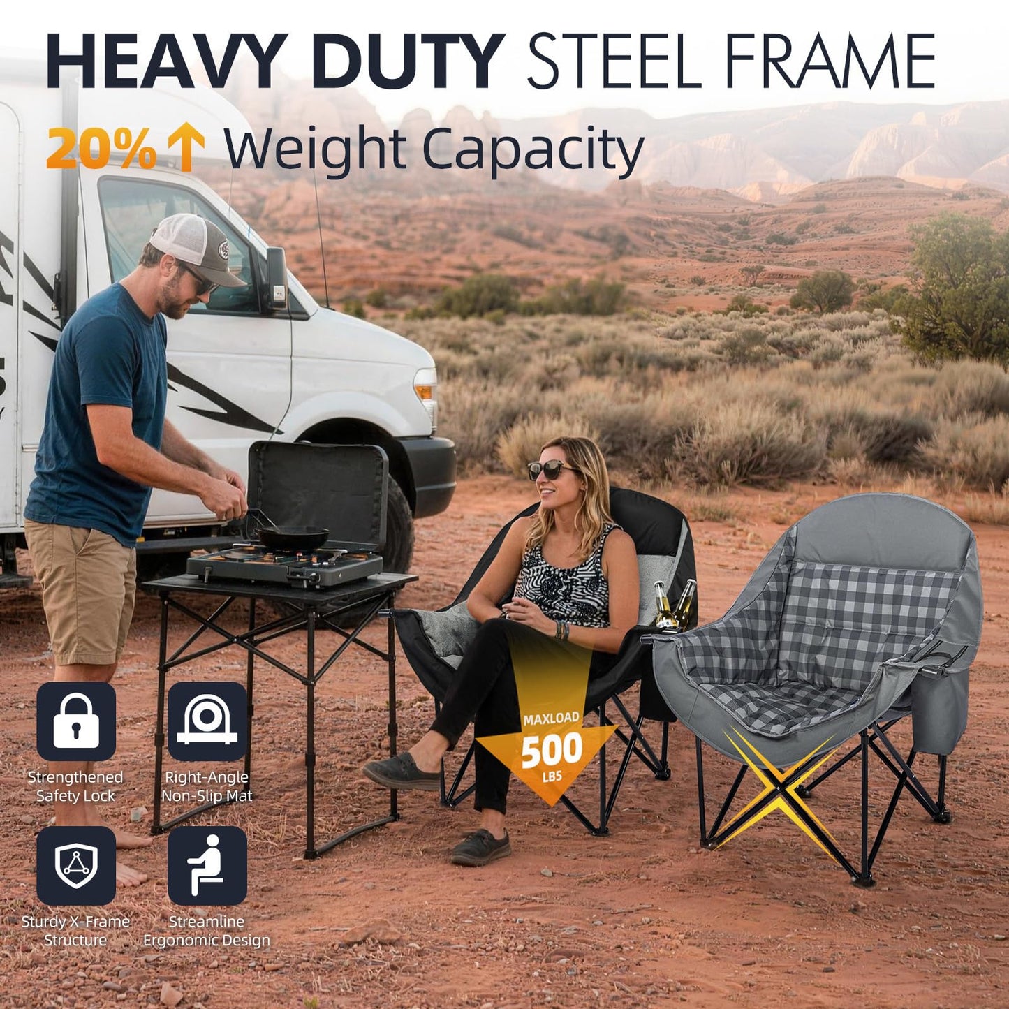 Oversized Camping Chair for Adults - Heavy Duty Outdoor Padded Large Lawn Camp Chair with Cup Holder Cooler Pockets for Sports Beach Fishing Garden Portable Supports 500lbs, Black/Grey 2 Pack