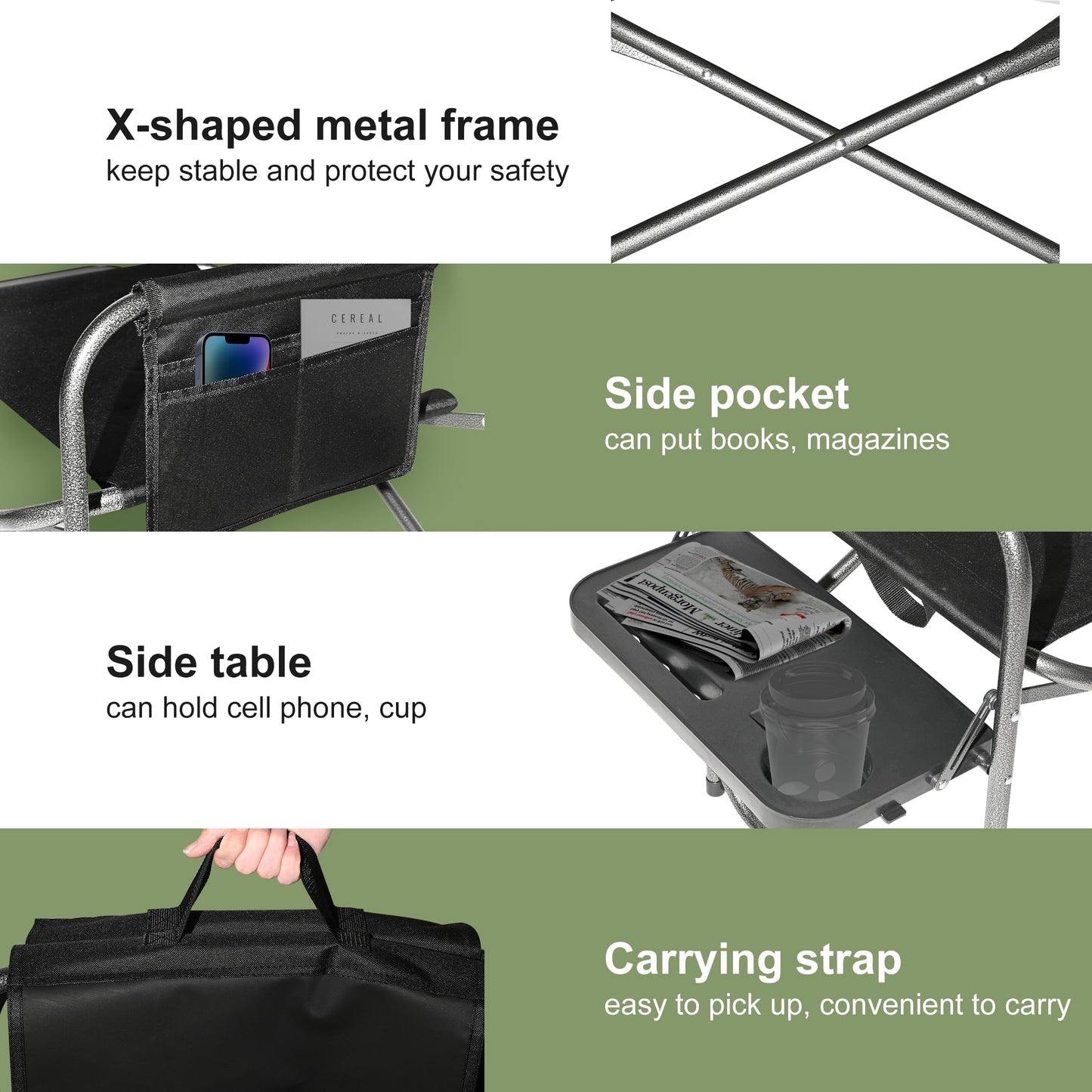 YOUNG WOOD Camping Directors Chair, Lightweight Oversized Portable Folding Chair with Side Table and Storage Pockets for Outdoor Camping, Lawn, Picnic and Fishing, Supports 400lbs (Black)
