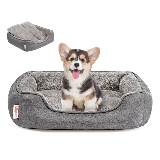 Miguel Faux Linen Dog Bed with Removable Cushion Pillow for Medium Small Dogs, Washable Pet Bed with Side Easy to Wash Puppy Bed, Rectangle Cat Bed for Indoor Cat with Anti-Slip Bottom, Gray 20 Inch