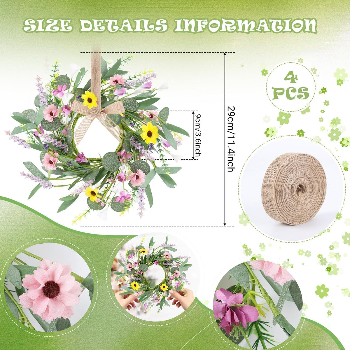 4 Pcs 9" Mini Spring Summer Flowered Wreath Floral Wedding Candle Rings Wreaths Kitchen Cabinet Wreaths with Ribbon for Pillars Wedding Table Centerpiece Farmhouse Party Home Door All Seasons Decor