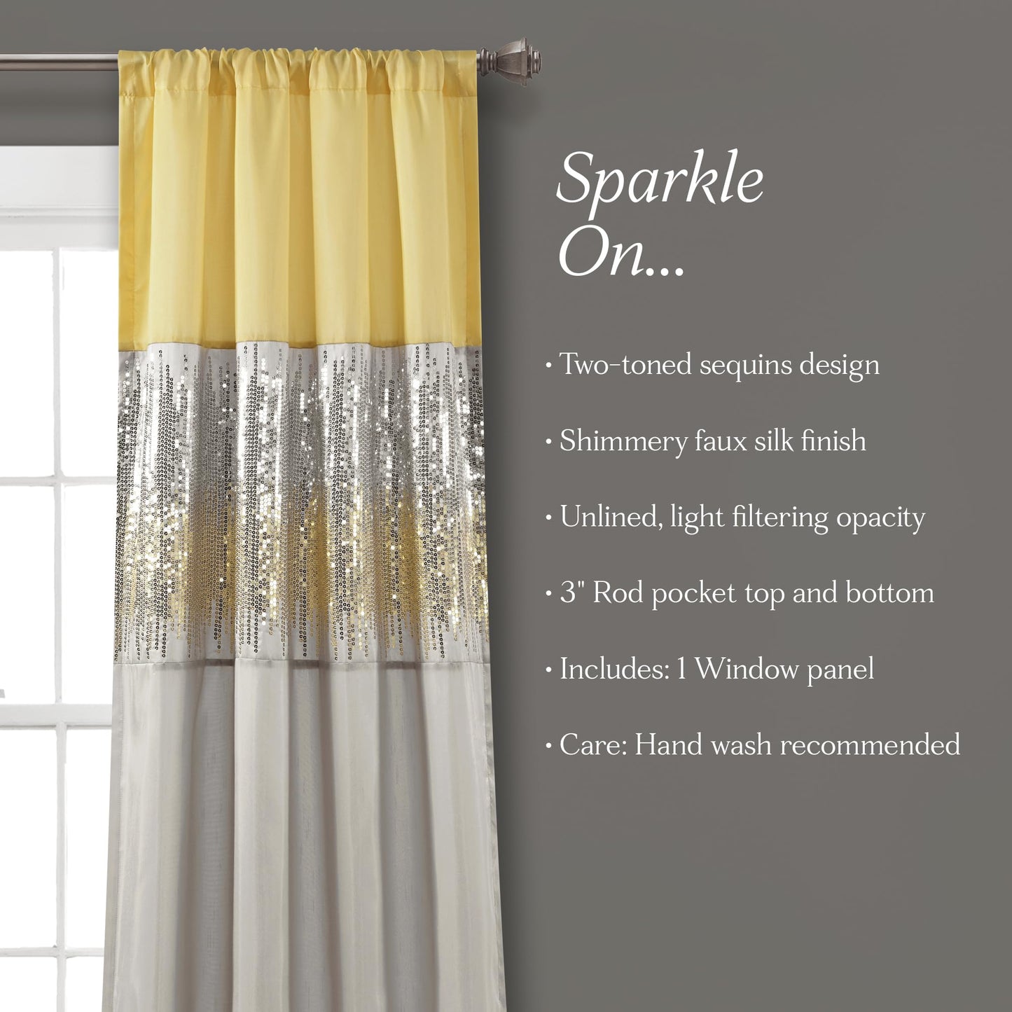 Lush Decor Night Sky Window Curtain Panel, Single 42"W x 84"L Yellow & Gray - Sequin Backdrop Curtain - Room Darkening Curtains For Bedroom - Glam Decor