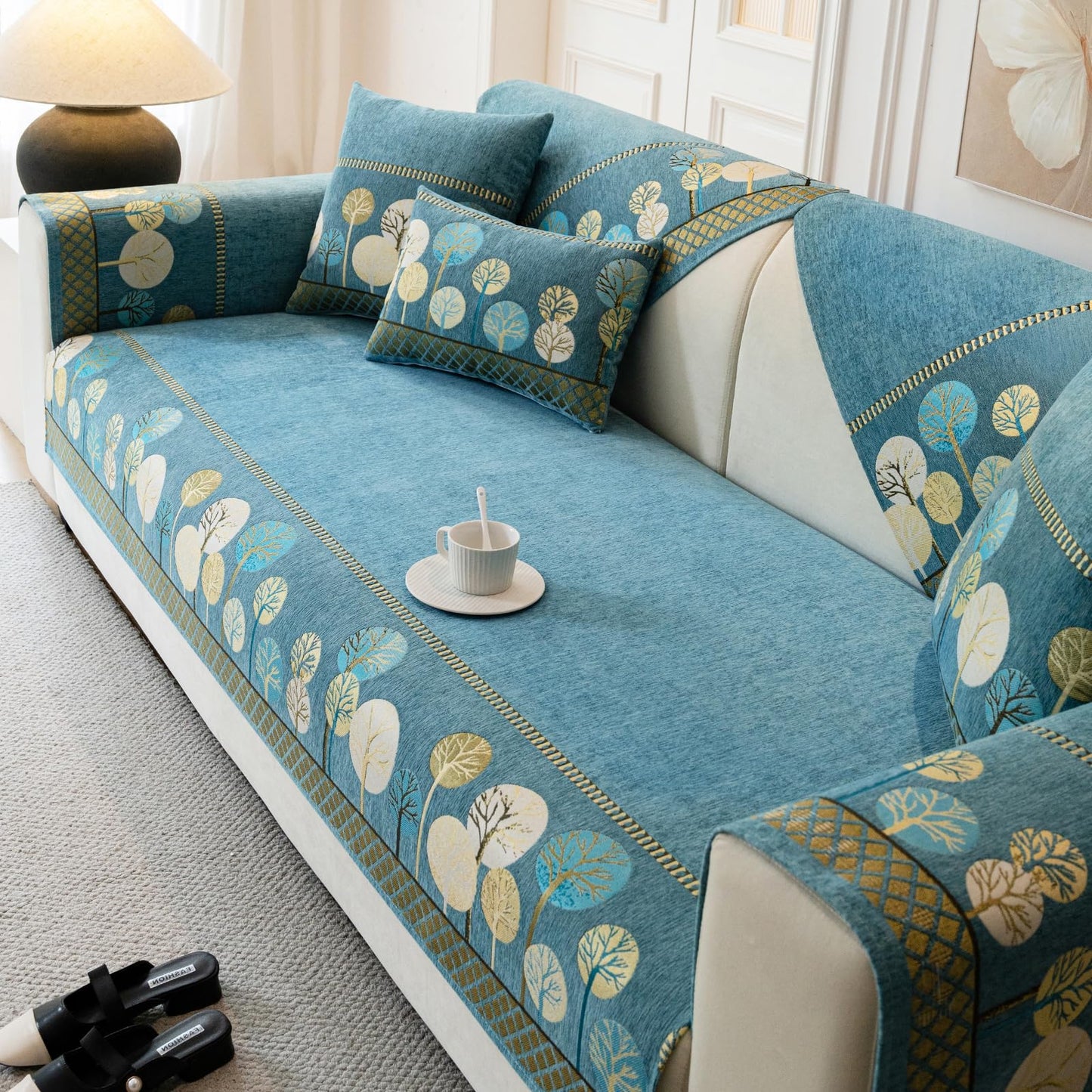 tianxinbaobei Boho Couch Cover, Non Slip Washable Sofa Covers, Chenille Couch Covers Quilted, Bohemian Sofa Slipcovers, Furniture Protector for Armrest and Backrest(Green,28"x28",1pc)