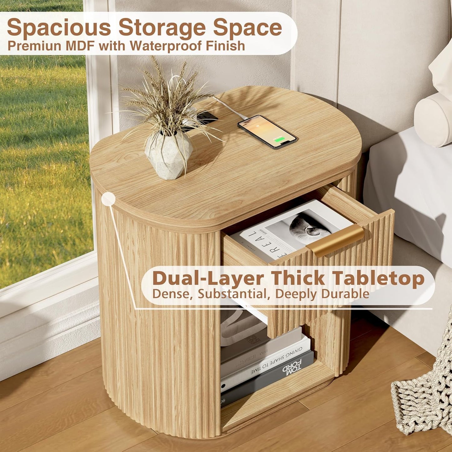 Fluted Nightstands Set of 2 with Charging Station, 23.6" Large Bedside Side Table, Wood End Table with Drawer Storage, Curved Round Corner, Furniture Bedroom Sofa, Mid Century Modern, Farmhouse, Oak