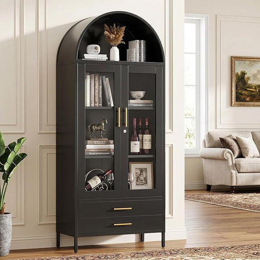 73" Tall Display Cabinet with Glass Doors and 2 Drawers, Metal Arched Cabinet