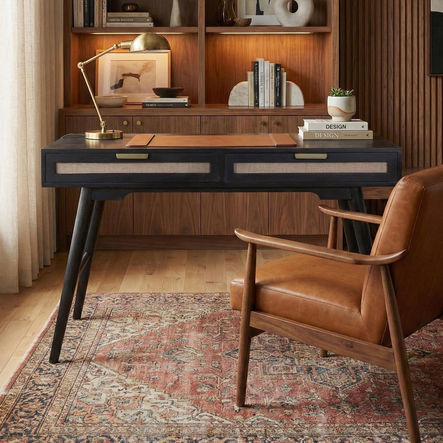 Casartis Living Mid-Century Modern Linen 2-Drawer Desk (Black)