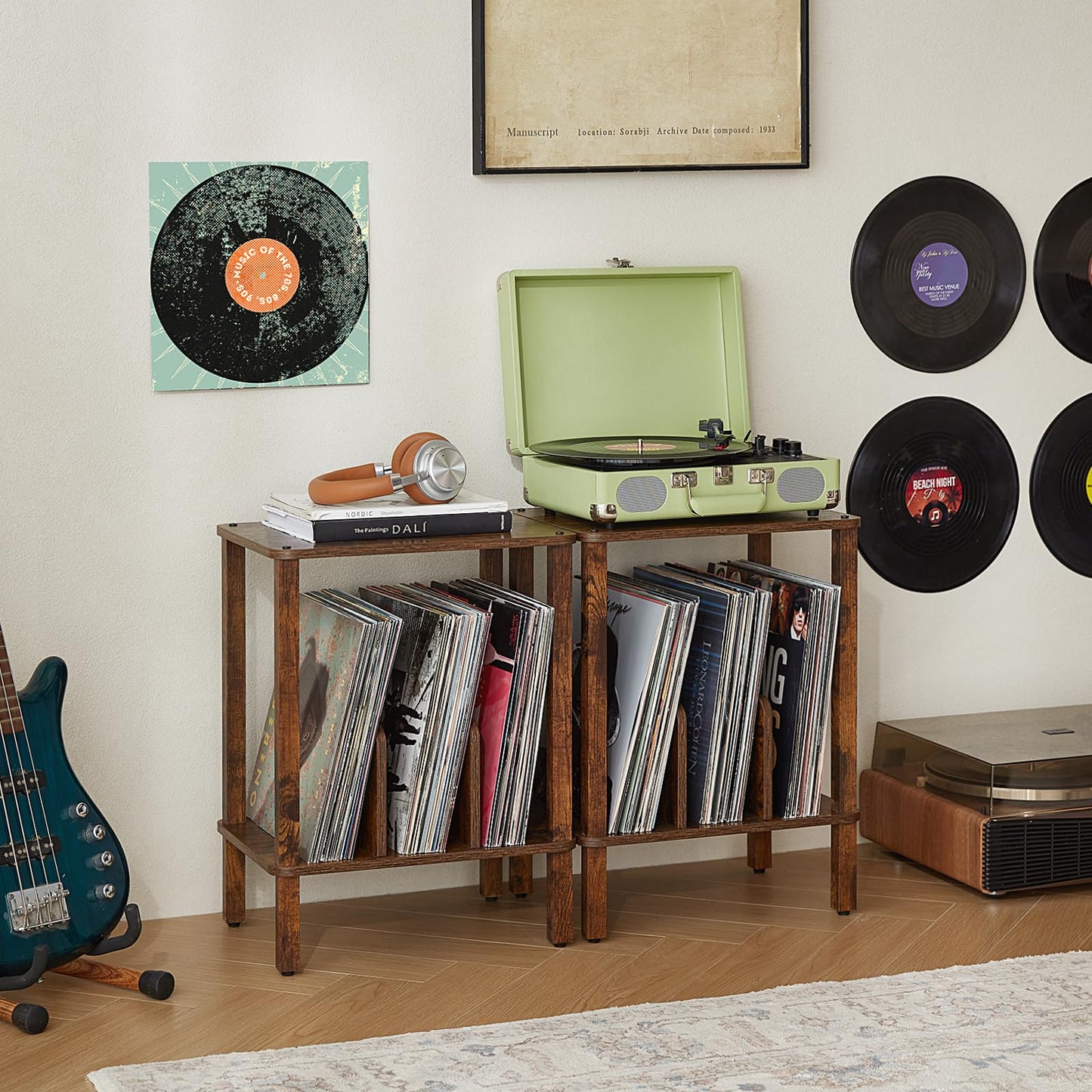 LELELINKY 2-Tier Record Player Stand with Vinyl Record Storage up to 100 Albums, Bedroom Record Holder and Multi-Functional End Table for Living Room, Brown
