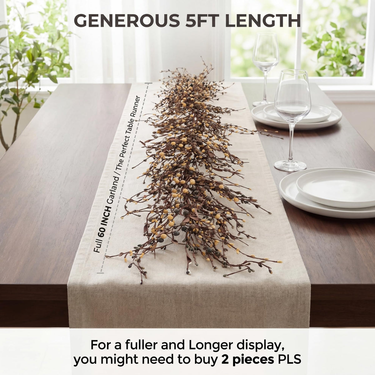 Quixem 60 Inch (5FT) Rustic Grey Cream and Tan Pip Berry Garland for Fireplace Mantel & Table Runner, Flexible Wired Artificial Vine, Everyday Farmhouse Decor, Precise Size