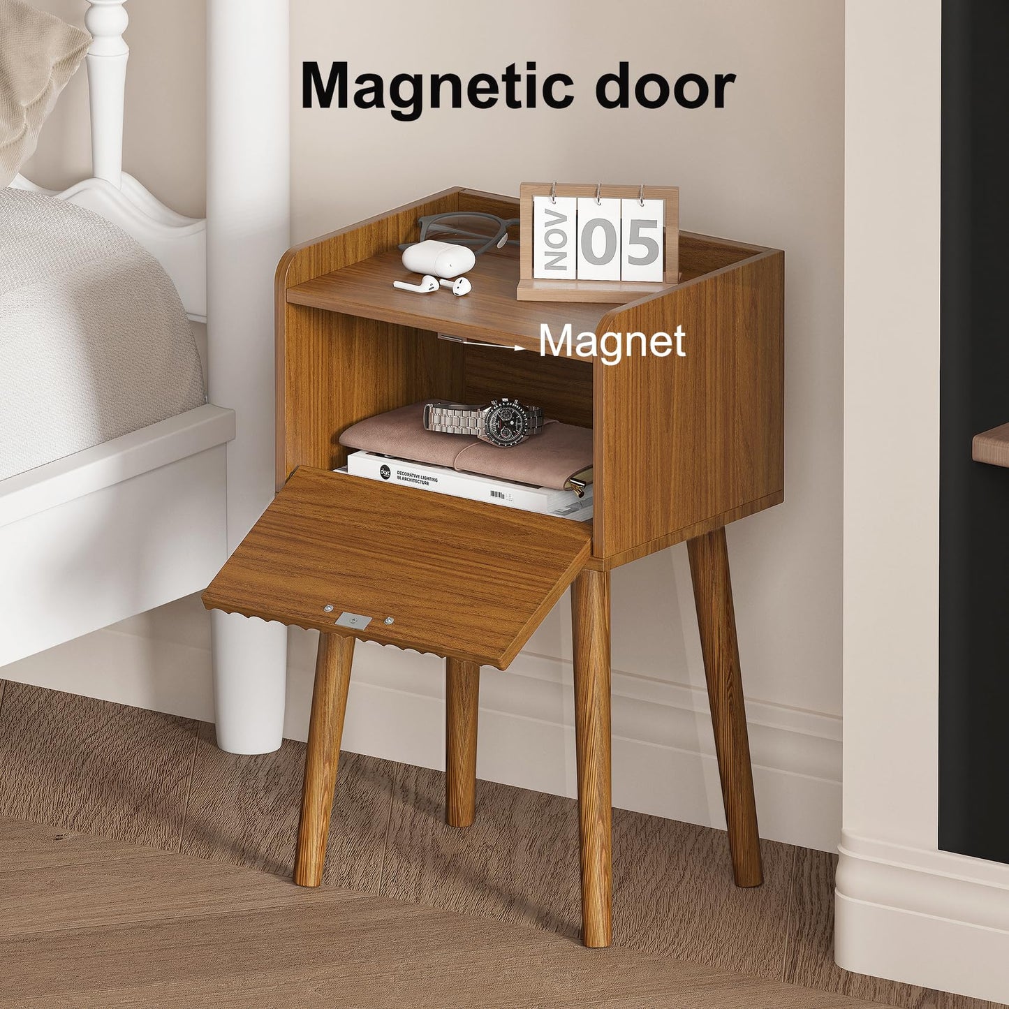 LAATOOREE Small Nightstands Set of 2, Side End Table, Bedside Table with Fluted Door, Solid Wood Feet; for Bedroom, Small Bed