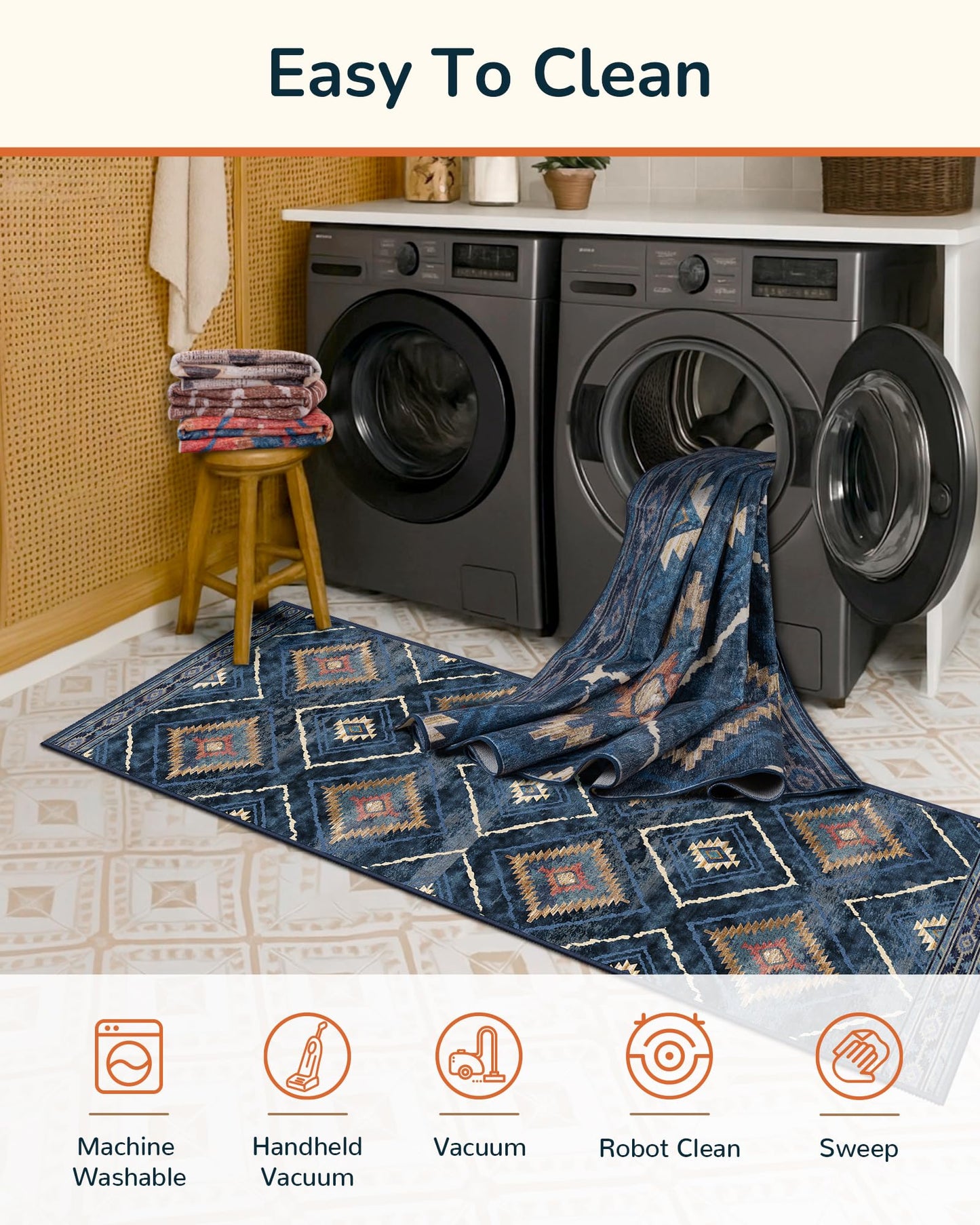 BESTSWEETIE Area Rug 8x10 Rug Machine Washable Non-Slip Low Pile Print Pattern Western Rug for Living Room Bedroom Entryway Tribal Series -Darkblue