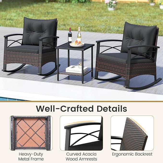 Tangkula 3 Piece Rattan Rocking Chair Set, Patio Rocker Bistro Set
