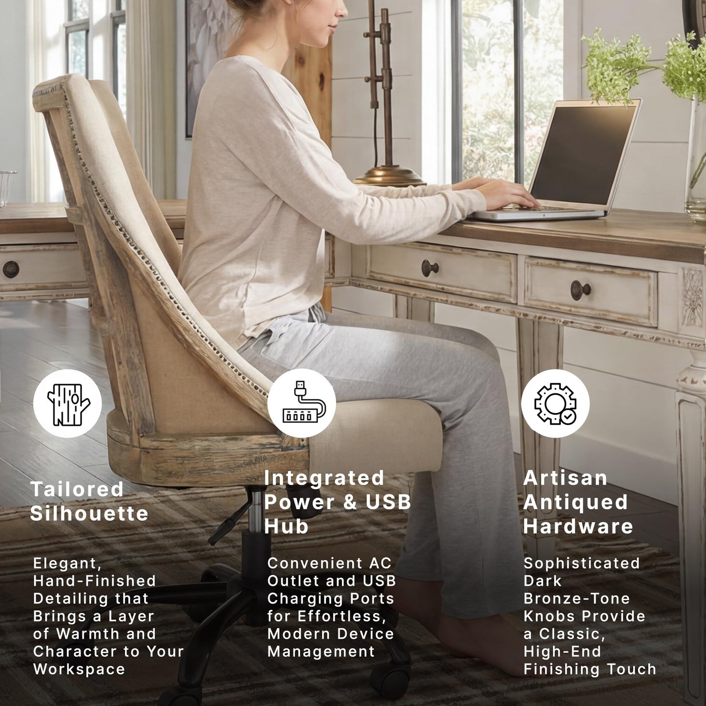 Signature Design by Ashley Realyn French Country 2-Piece Home Office Desk with Return, Built-in USB Port, Keyboard Tray and Drawer, Medium Brown & Antiqued White