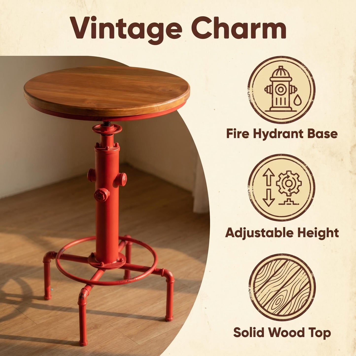 Topower Industrial Bar Table 32.3-38.2" Adjustable Pub Table Kitchen Dining Coffee Bistro Table (Red)
