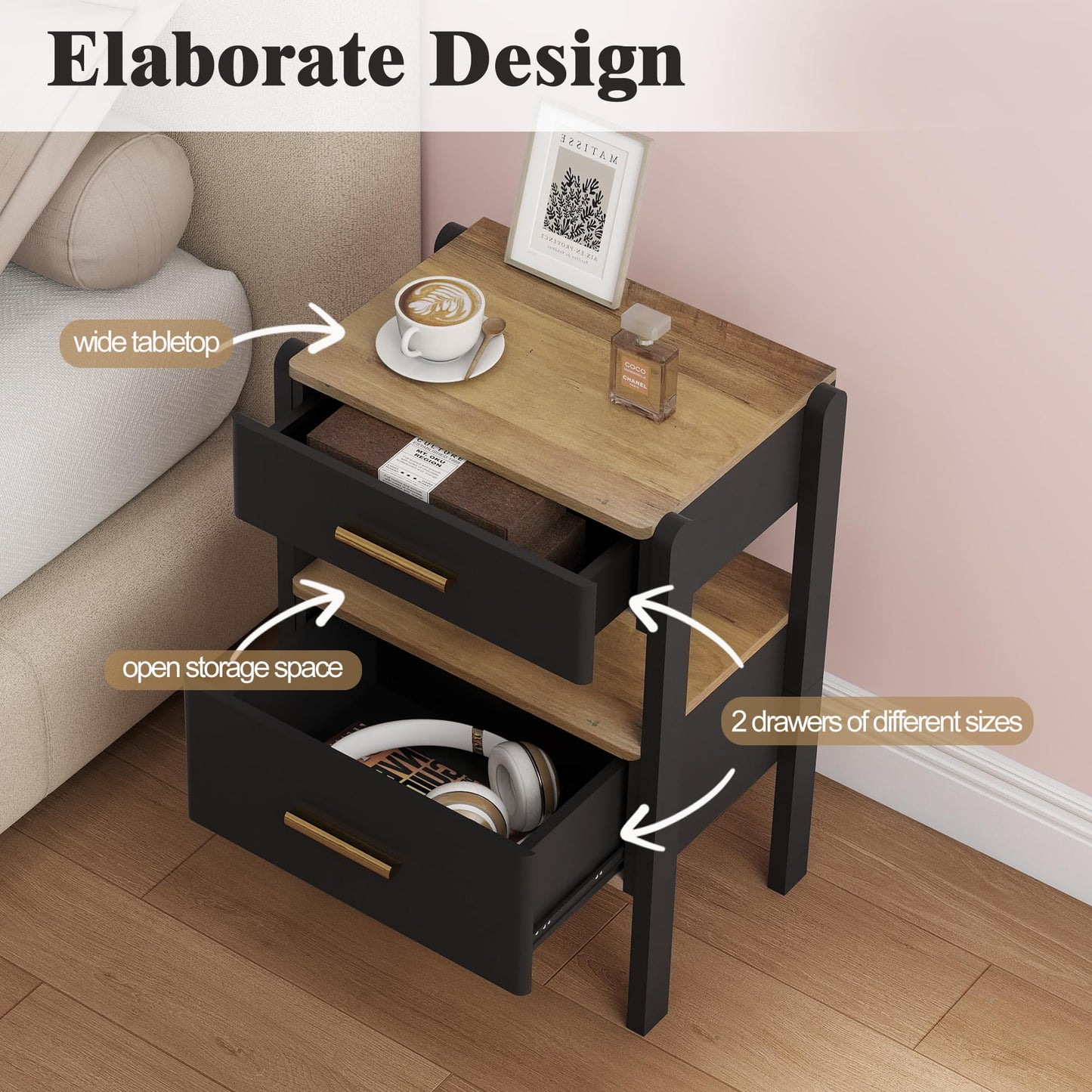 Tltaroni Nightstand with 2 Drawers and Open Shelf Wooden Bedside Table Gold Handles Modern Storage Night Stand Sensor Light for Bedroom, Black and Brown