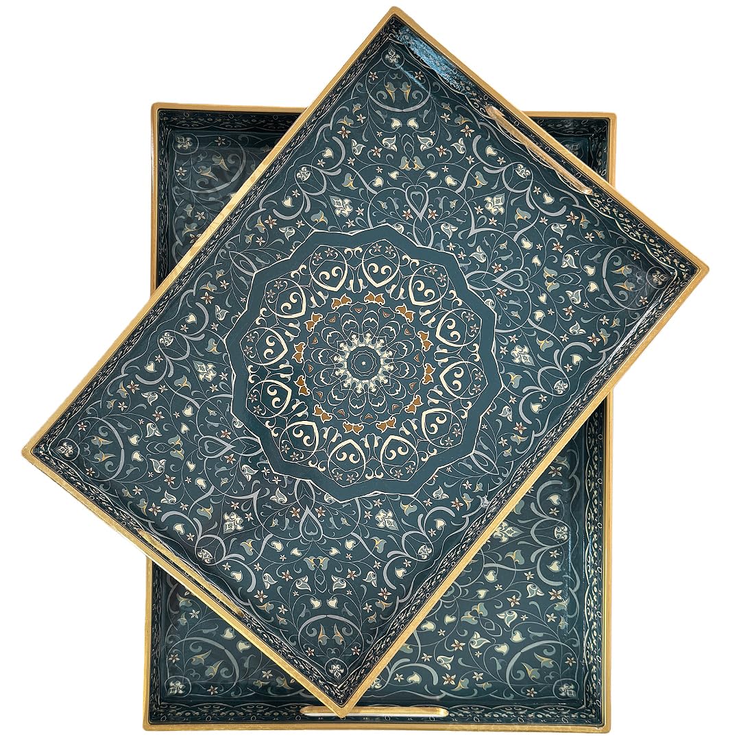 Umisriro Decorative Tray, Blue Serving Tray with Handles, Set of 2, Plastic Coffee Table Tray for Living Room, Ottoman, Bathroom, Kitchen, Decor, Large 15.7”*11.8”, Small 13.7"*9.8"