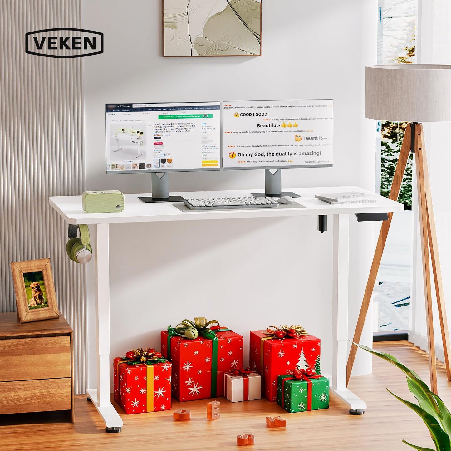 Veken 55 Inch Large Electric Standing Desk,Sit to Stand Up, Heights Adjustable, Work Home Office Computer Table for Study, Walking Pad, Writing, and Games, Wooden Desktop Desks, White