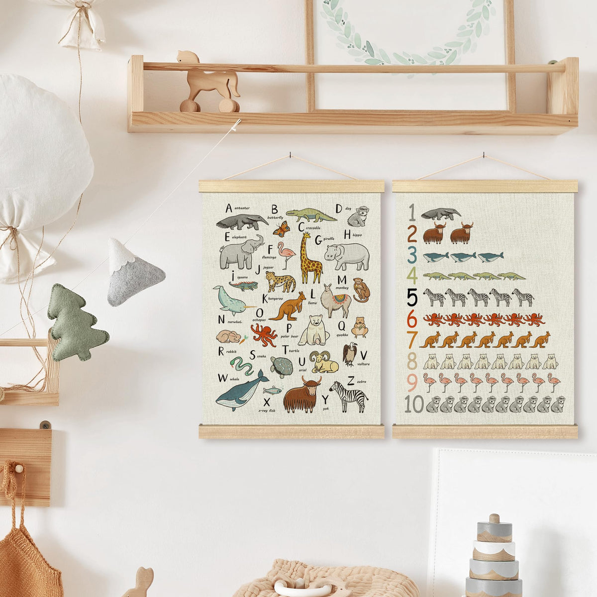 BCUANGD Alphabet Educational Wall Decor - Neutral Ocean Coastal Animals Poster Hanger with Wood Frames Set of 2, Kids ABC Numbers Wall Hanging Canvas Decor for Home Playroom Kids Room, 12x16 Inches