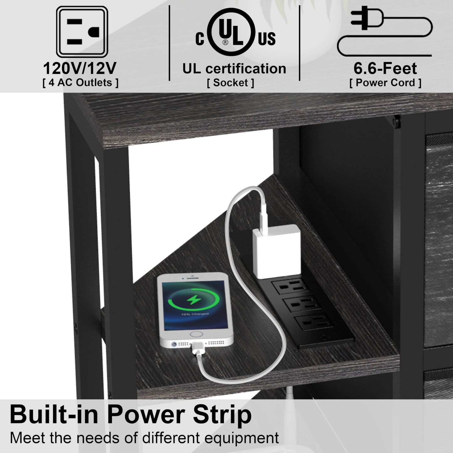 EXOTICA Corner TV Stand for 55 inch TV with Drawer and Charge Station Black Corner Entertainment Center for Living Room Modern Corner Console Table with 4 Open Storage Shelves Metal Frame
