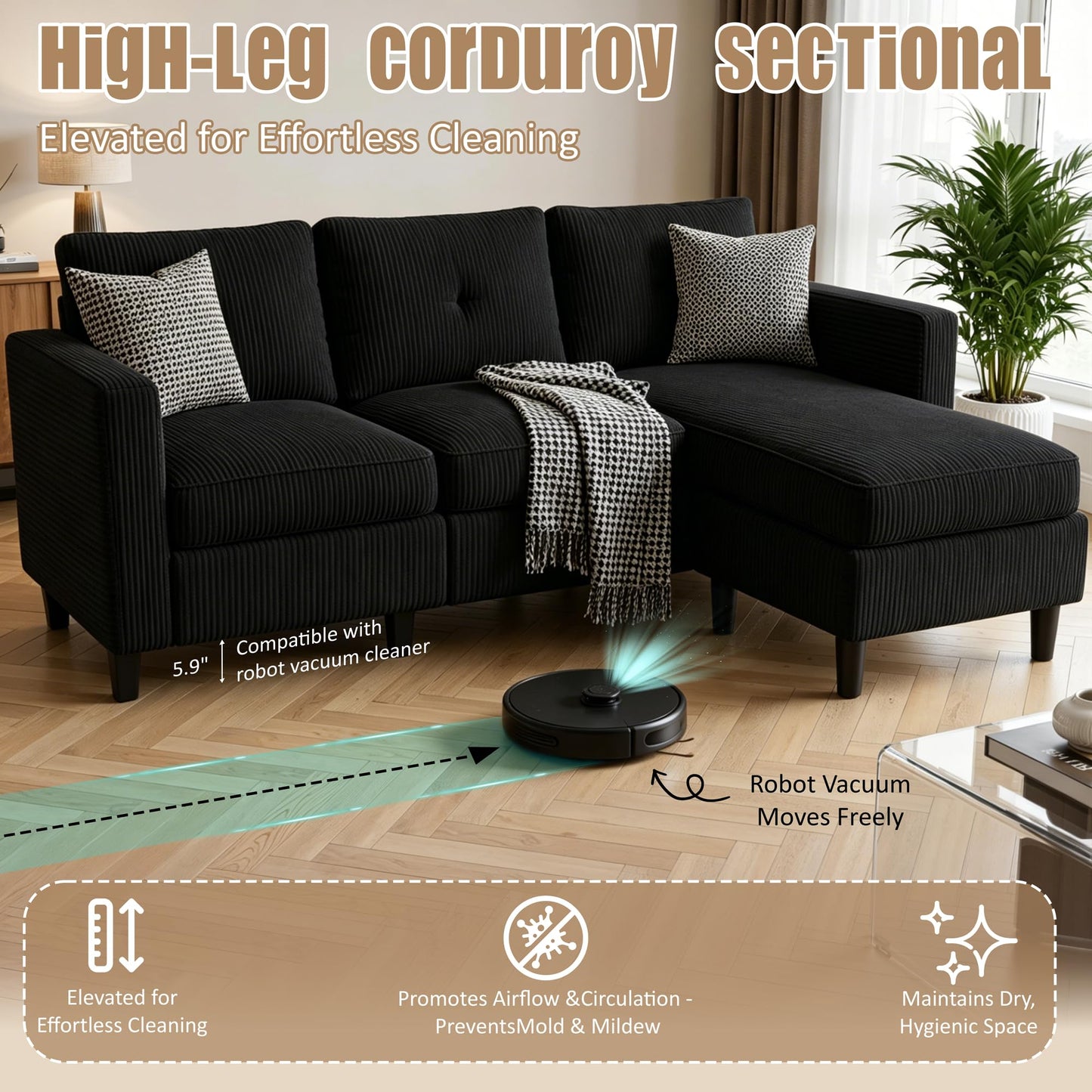 Convertible Sectional Sofa with Storage Ottoman, 77” L-Shaped 3-Seat Couch with Skin-Friendly Corduroy Fabric, Reversible Small Sectional for Small Space, Apartment, Living Room and Office(Black)
