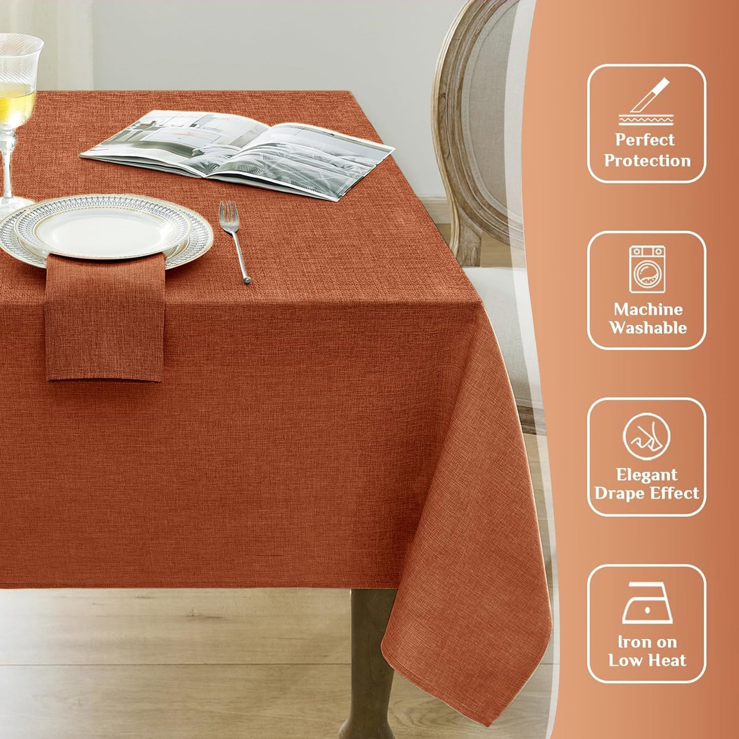 Softalker Fall Linen Textured Rectangle Tablecloth, Thanksgiving Waterproof Farmhouse Burlap Table Cloth, Stain Resistant Table Covers for Kitchen Dining Holiday Party (60 x 104, Burnt Orange)