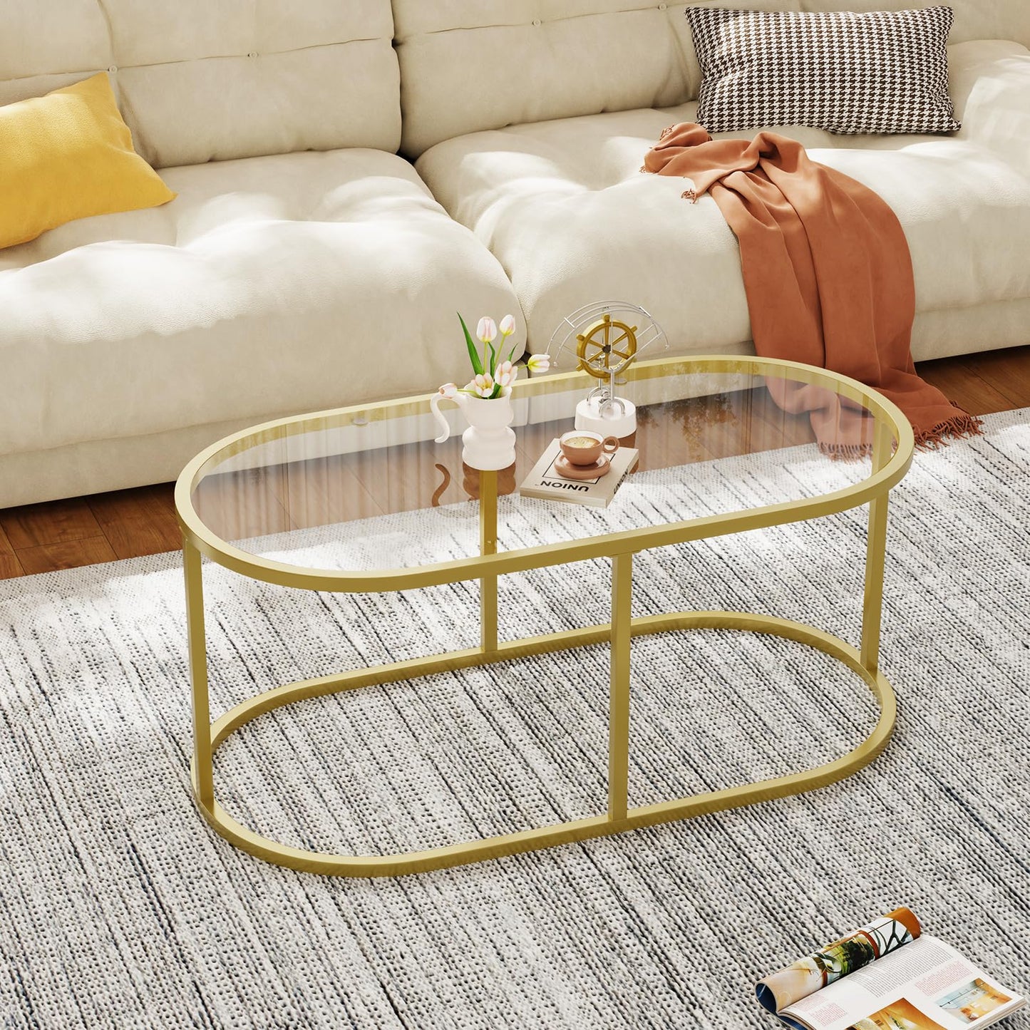 Coffee Table Gold Glass Coffee Tables for Living Room, Oval Table Center Table with Sturdy Metal Frame,Modern Tempered Glass Accent Tables for Bedroom Home Office