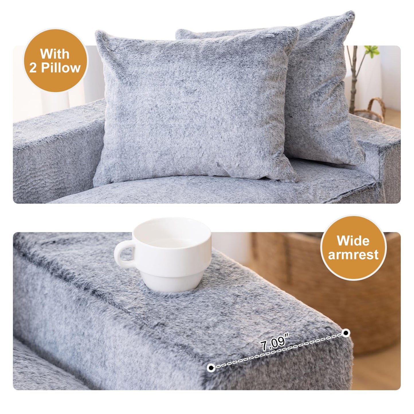 61" Convertible Sofa Bed Loveseat, Memory Foam Boneless Floor Couch with Removable Faux Fur Cover, Tri-folding Compact Full-size Sleeper for Small Living Room, Playroom, Guest Room, RV (White-on-Grey)