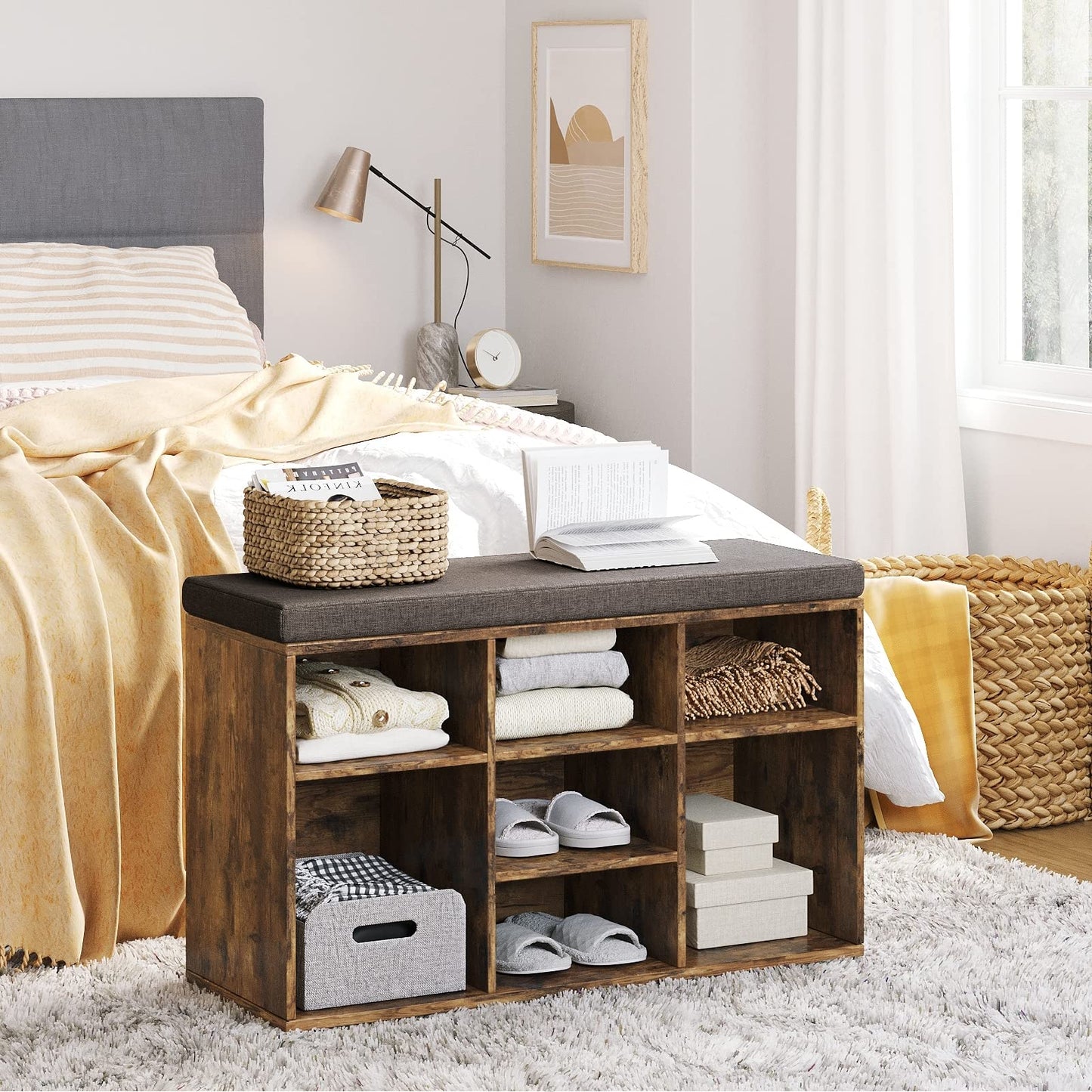 DINZI LVJ Shoe Storage Bench with Cushion, Cubby Rack with 9 Cubbies, Adjustable Shelves, Multifunctional Organizer Bench for Entryway, Mudroom, Hallway, Closet and Garage, Rustic Brown