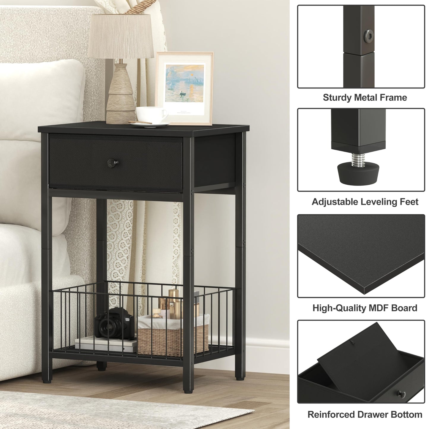 VAFEKOL Small nightstand, Bed Side Tables Bedroom, Black Side Table, end Table with Drawer, one Drawer nightstand, Black end Table LNT0061BK