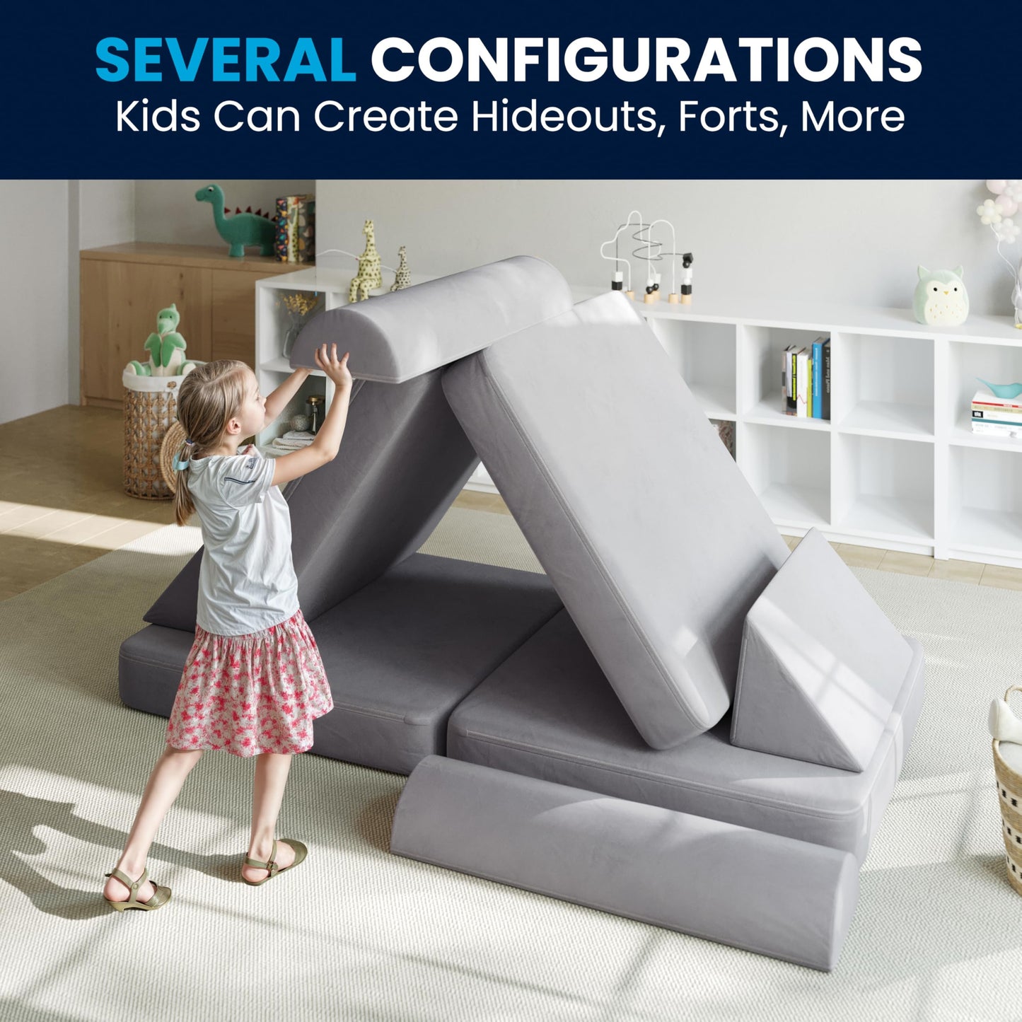 Flash Furniture Marlowe Modular Foam Kids Play Couch, 6 Soft Sectional Sofa Pieces, Convertible Kids Couch, Removable Covers, 56", Gray