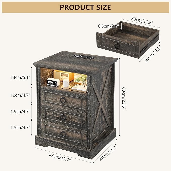 Nightstand with Charging Station, Farmhouse End Side Table with 3 Drawers and