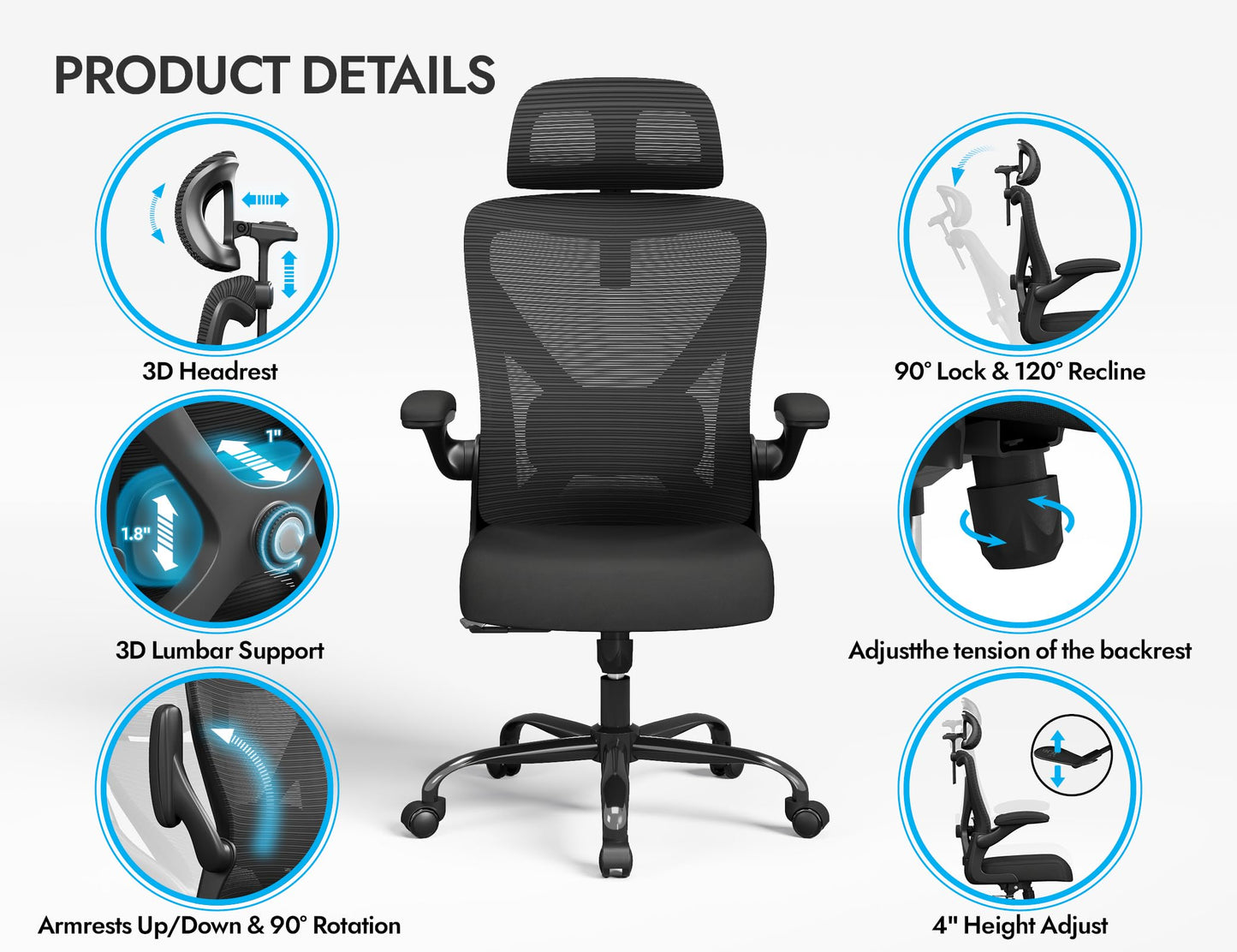 Black Ergonomic Office Chair - Mesh Desk Chair with Adjustable Lumbar Support High Back Computer Gaming Chairs - Big and Tall Office Chairs Adults, Comfortable for Long Hours