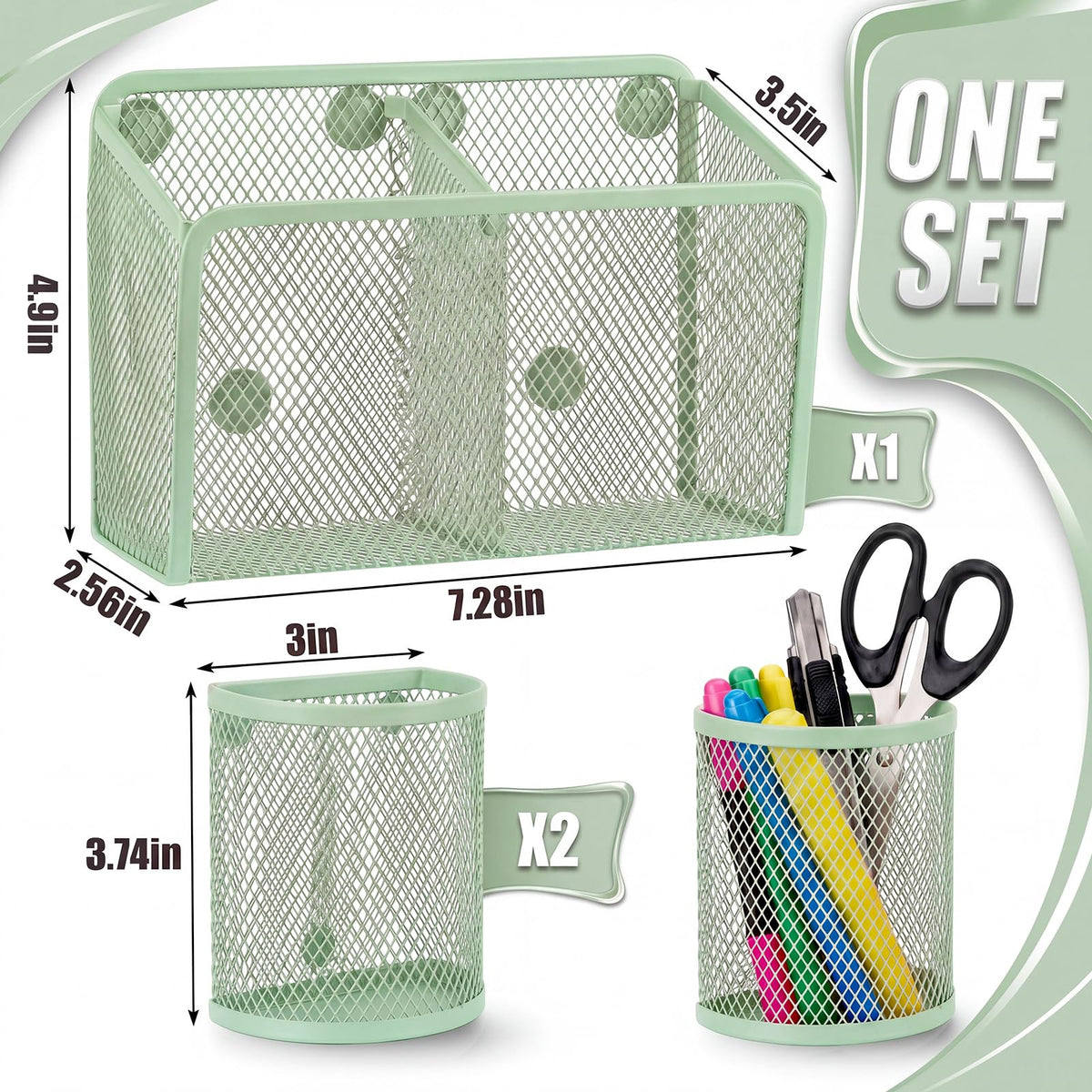Marspark 3 Pcs Magnetic Pen Holder Set Metal Pencil Holder with Strong Magnets Wire Mesh Storage Basket Organizer for Locker Accessories Whiteboard Refrigerator School Office Dorm(Sage Green)