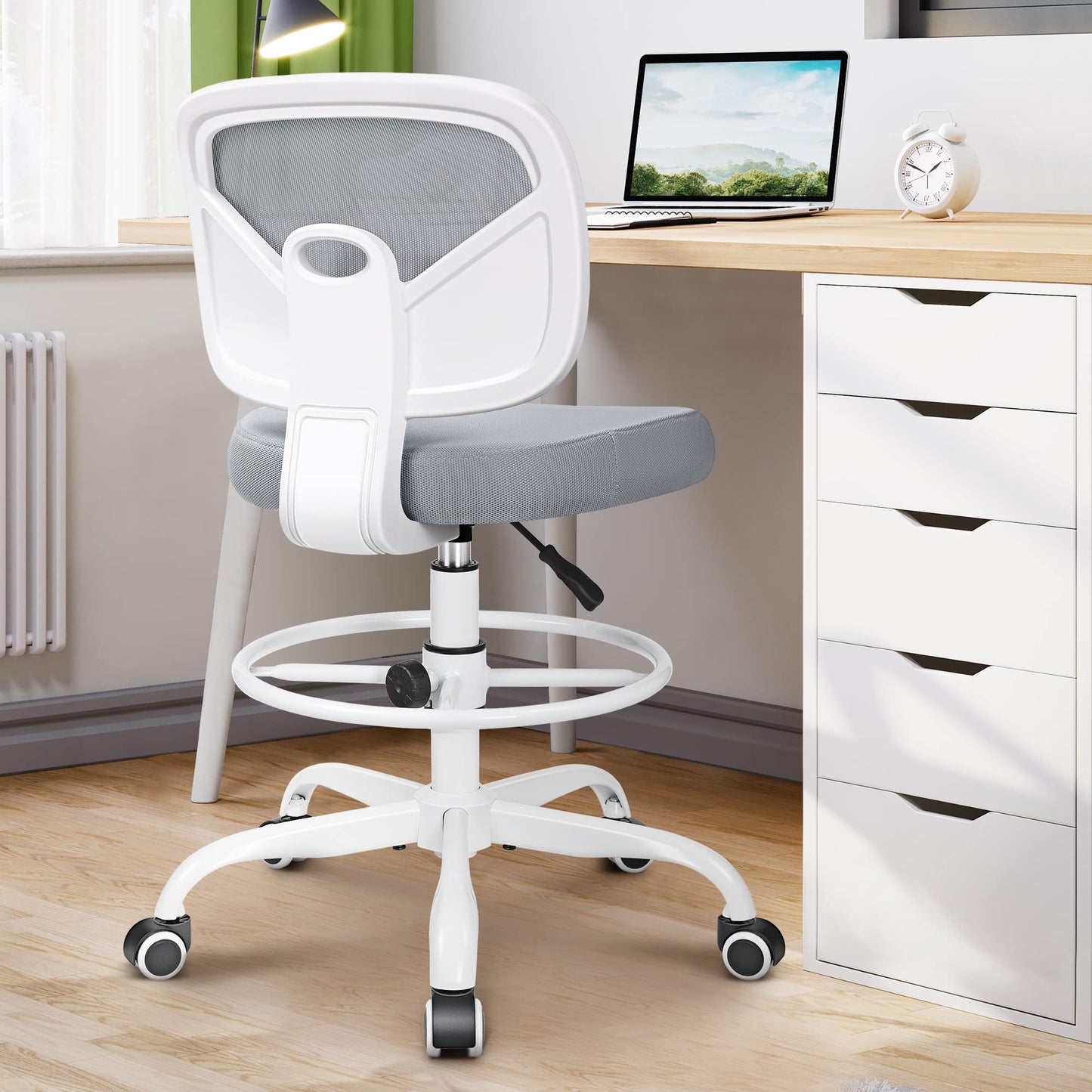 Primy Armless Tall Desk Chair, Adjustable Height and Footring, Mid-Back Ergonomic Standing Desk Chair Mesh Rolling Tall Chair for Art Room, Office or Home (Gray)