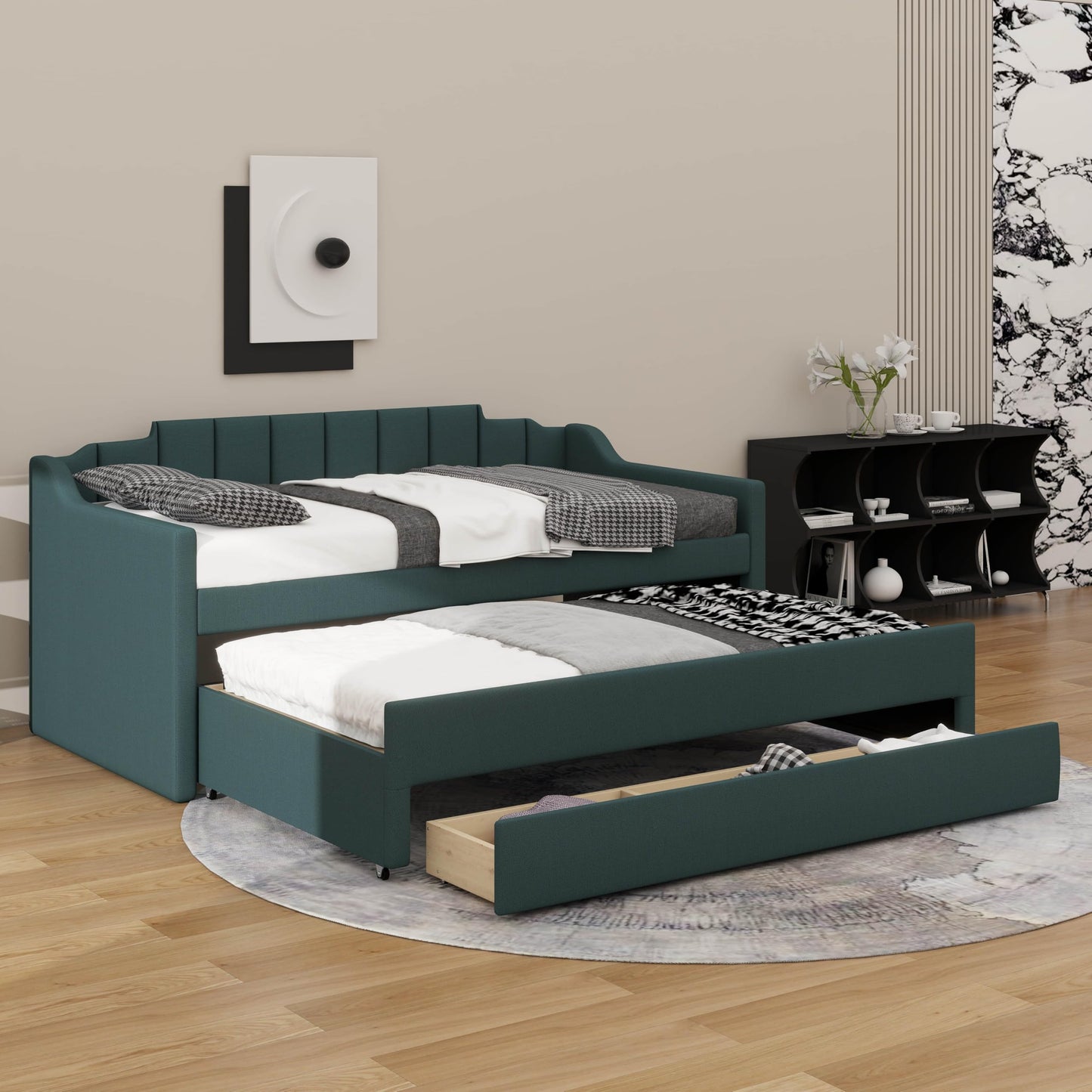 YunNianYang Twin Size Upholstered Daybed with Trundle and Three Drawers (Green)