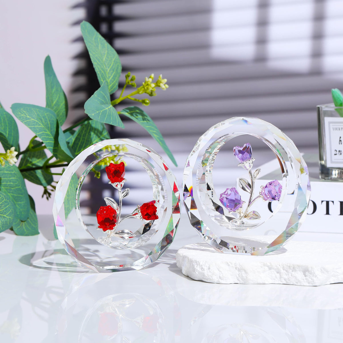 Purple Rose Flower Crystal Figurine with Vase - Bouquet Flowers Ornament Gifts for Wife Girlfriend Women - Handmade Crystal Flower Collectible Home Table Decor for Valentine's Day Wedding Anniversary