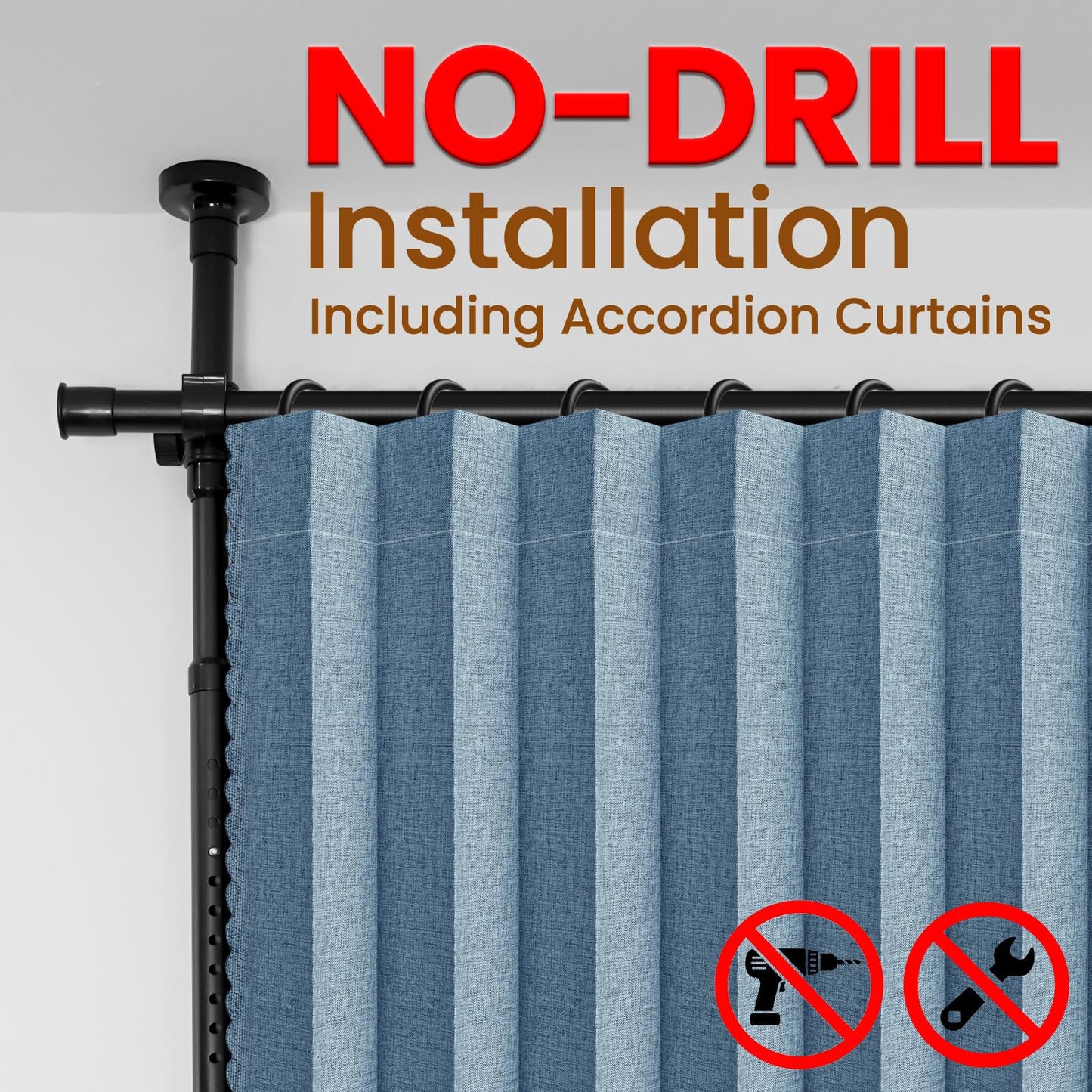 100% Blackout Room Divider Curtains Sets Blue 1 Panel W100 x L84in No Drill Curtain Rods(H) 43-120×(W) 35-100 in for Office Privacy Partition Separator