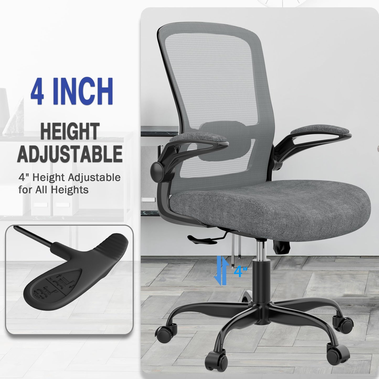 Mimoglad Ergonomic Office Chair - Desk Chair with Flip-up Armrests & 135° Recline, Adjustable Lumbar Support - Space-Saving Task Chair for Business/Team Office & Home (Iron Gray, 300lbs)