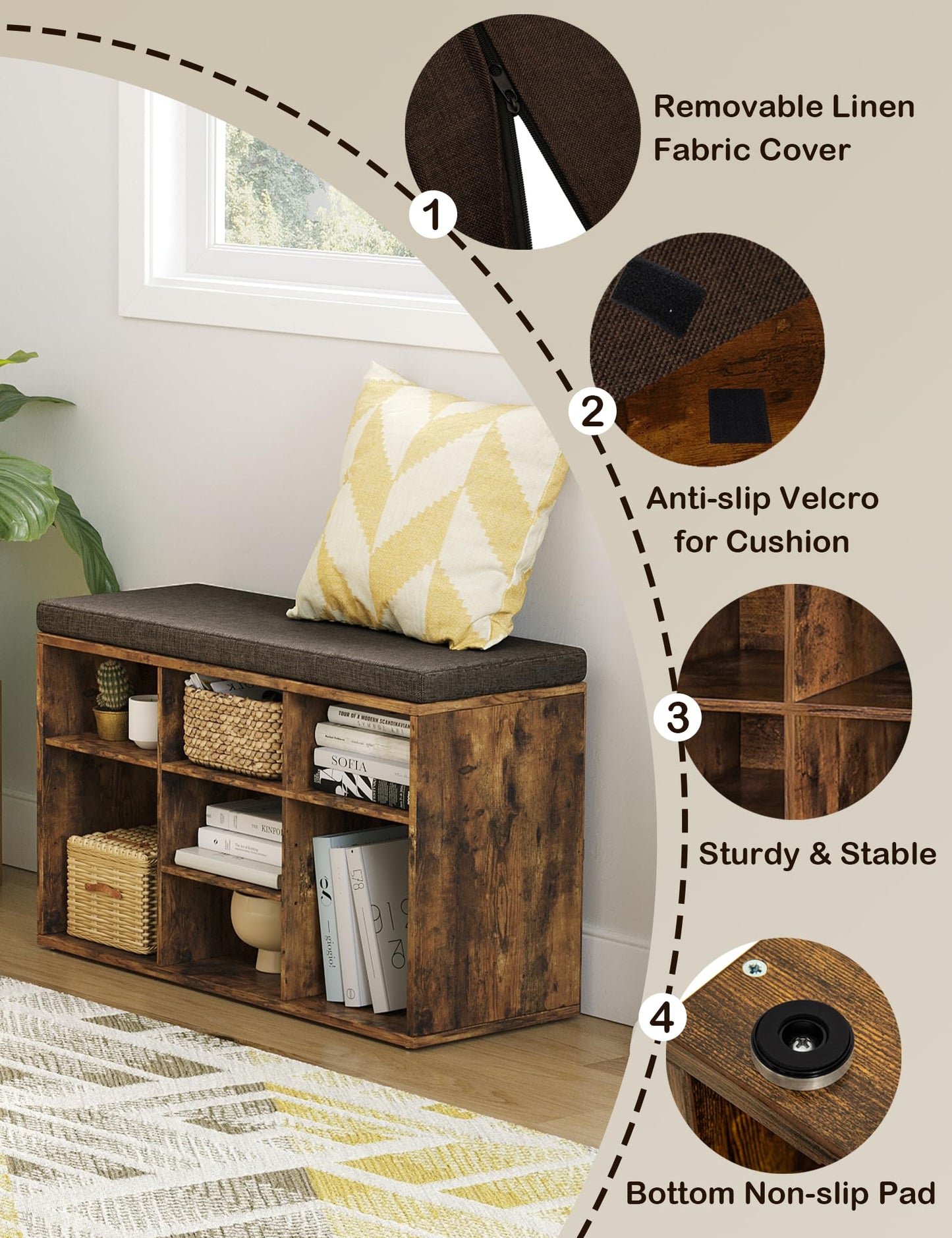 DINZI LVJ Shoe Storage Bench with Cushion, Cubby Rack with 9 Cubbies, Adjustable Shelves, Multifunctional Organizer Bench for Entryway, Mudroom, Hallway, Closet and Garage, Rustic Brown