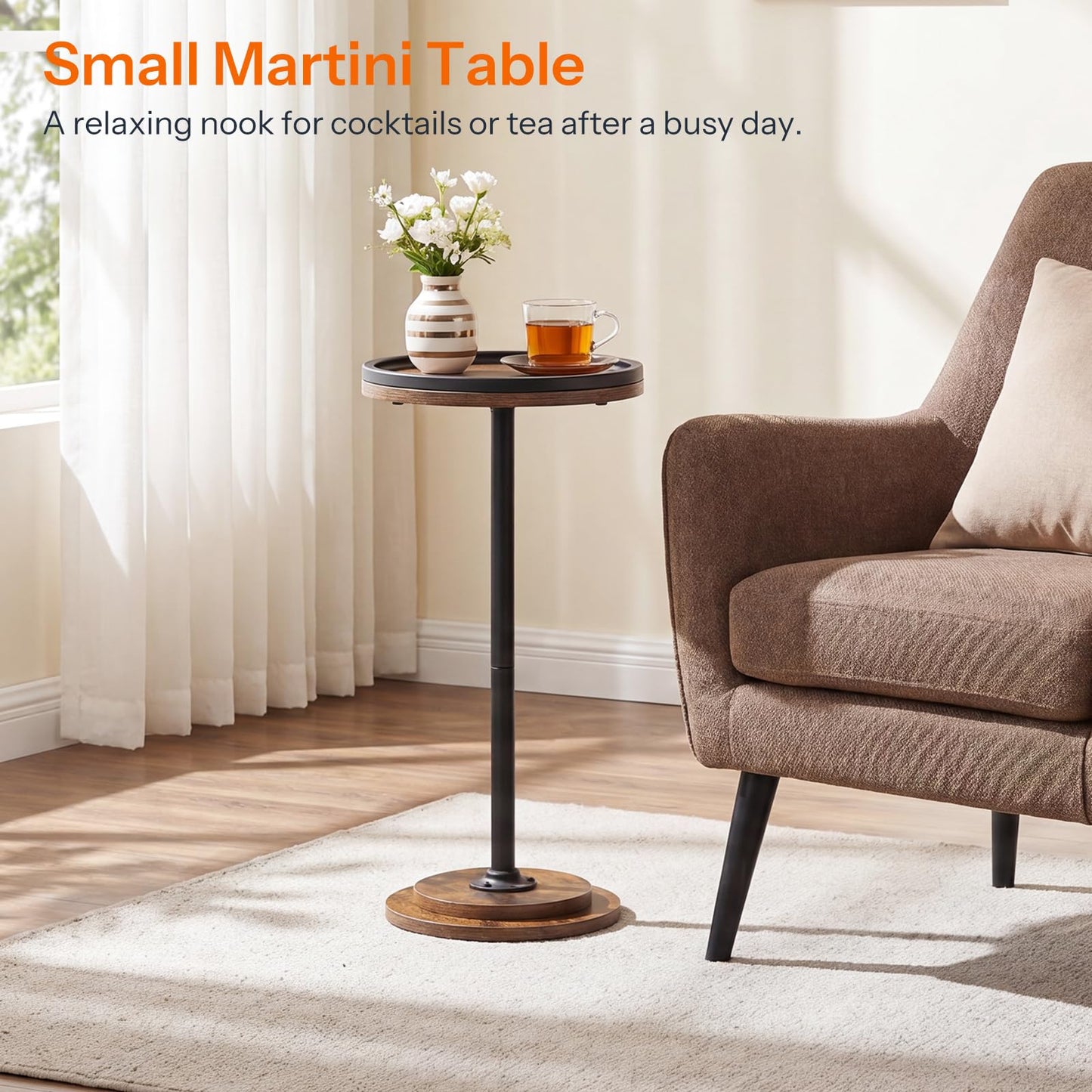 HOOBRO Small Round Side Table, Drink Table, Coffee Martini Table with Pedestal Accent for Small Spaces in Living Room, Bedroom, Sofa Couch, Rustic Brown BF168BZ01