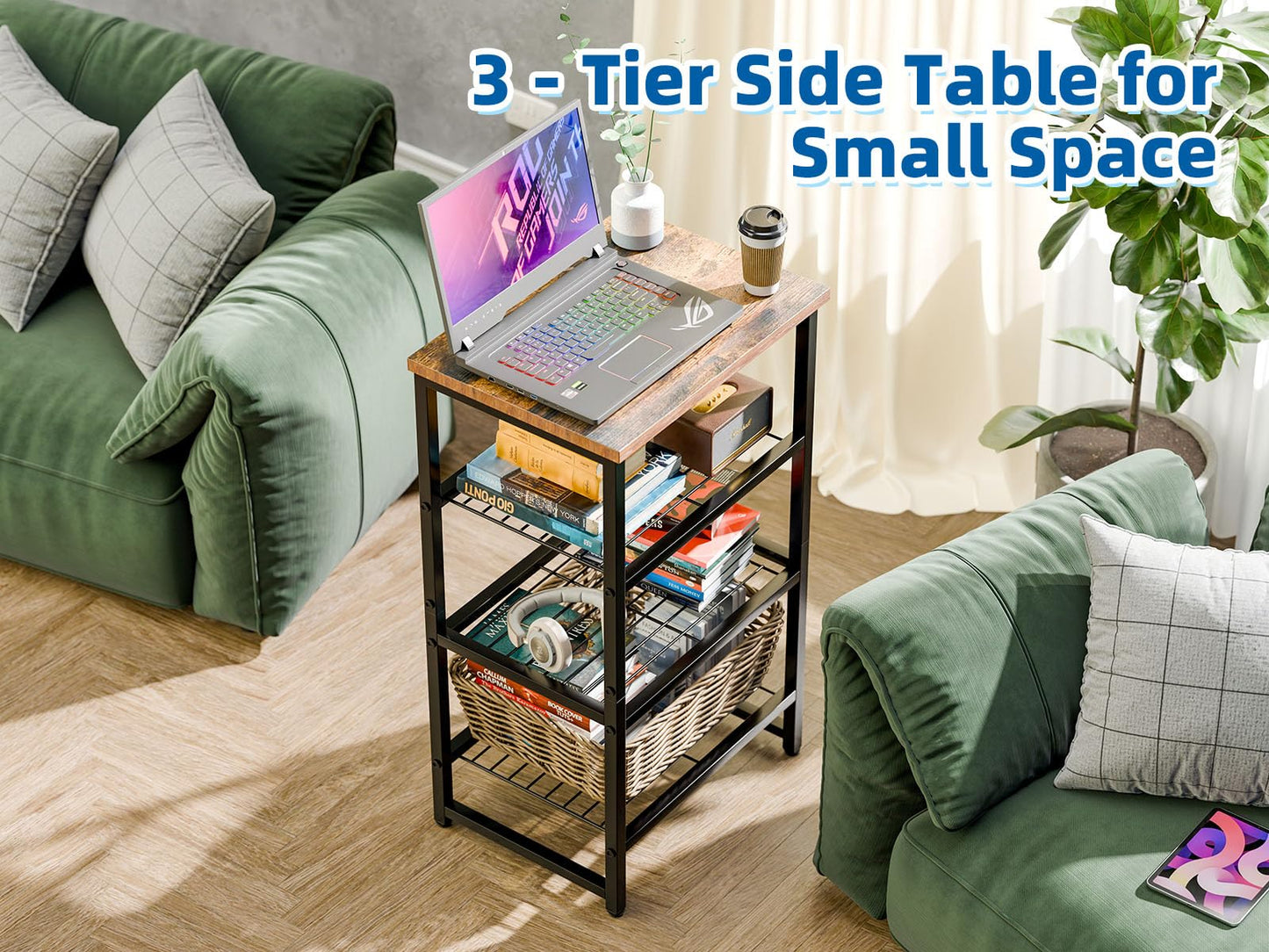 MWQ Industrial 3 Tier Printer Stand, Home Printer Wood Table with Wire Storage Shelf for Scanner Fax Machine, Heavy Duty Metal, Rustic Brown with Burly Wood Board