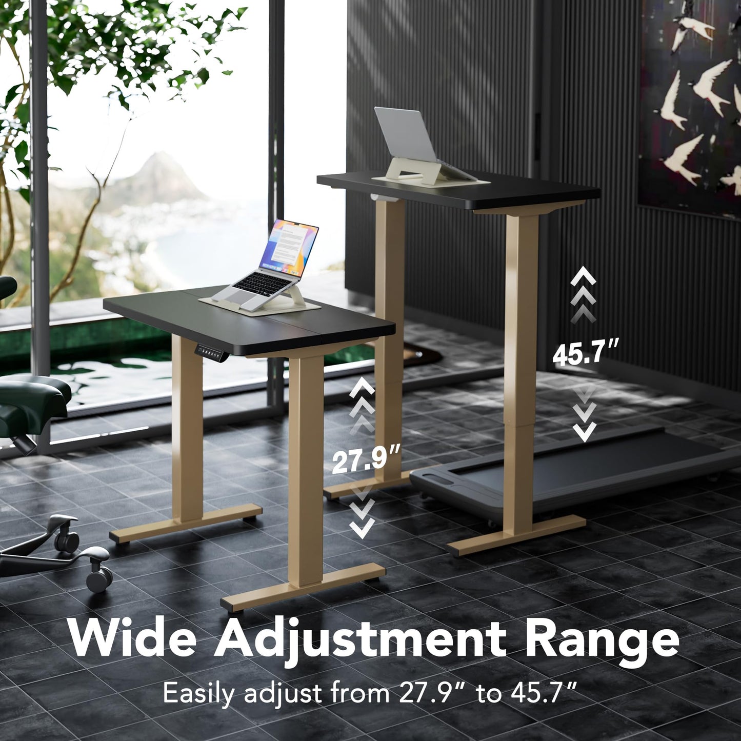 HUANUO 32" Small Electric Standing Desk Adjustable Height, 4 Memory Height Settings, Sit Stand Up Desk for Home Office & Computer Workstation, Black and Gold Frame