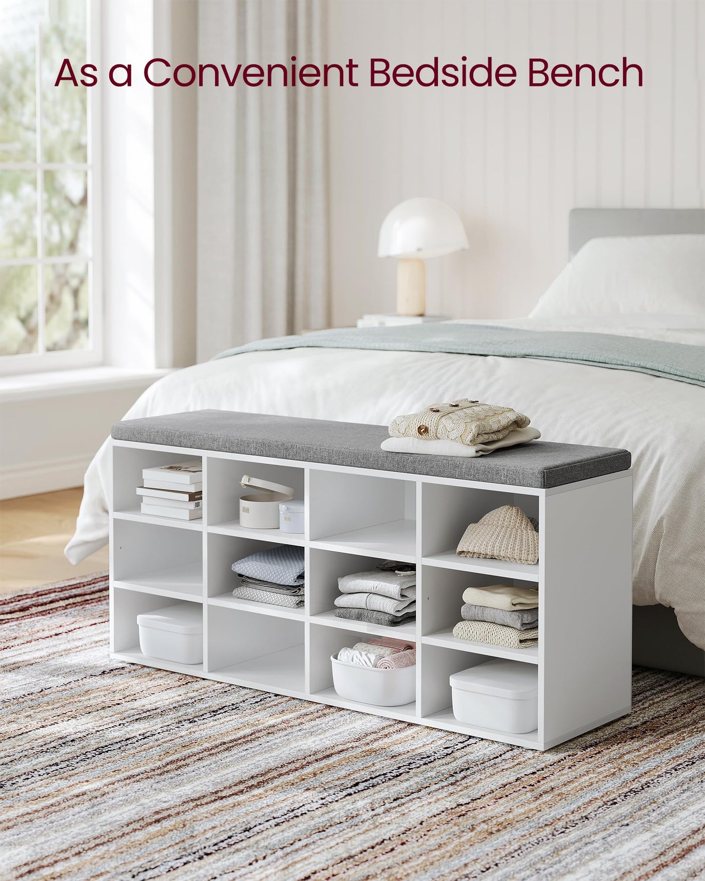 VASAGLE CUSTOS Collection - Shoe Bench, Storage Bench with Padded Seat, Entryway Bench with 12 Compartments, for Bedroom, 11.9 x 40.9 x 18.9 Inches, Cloud White and Slate Gray ULHS012W14