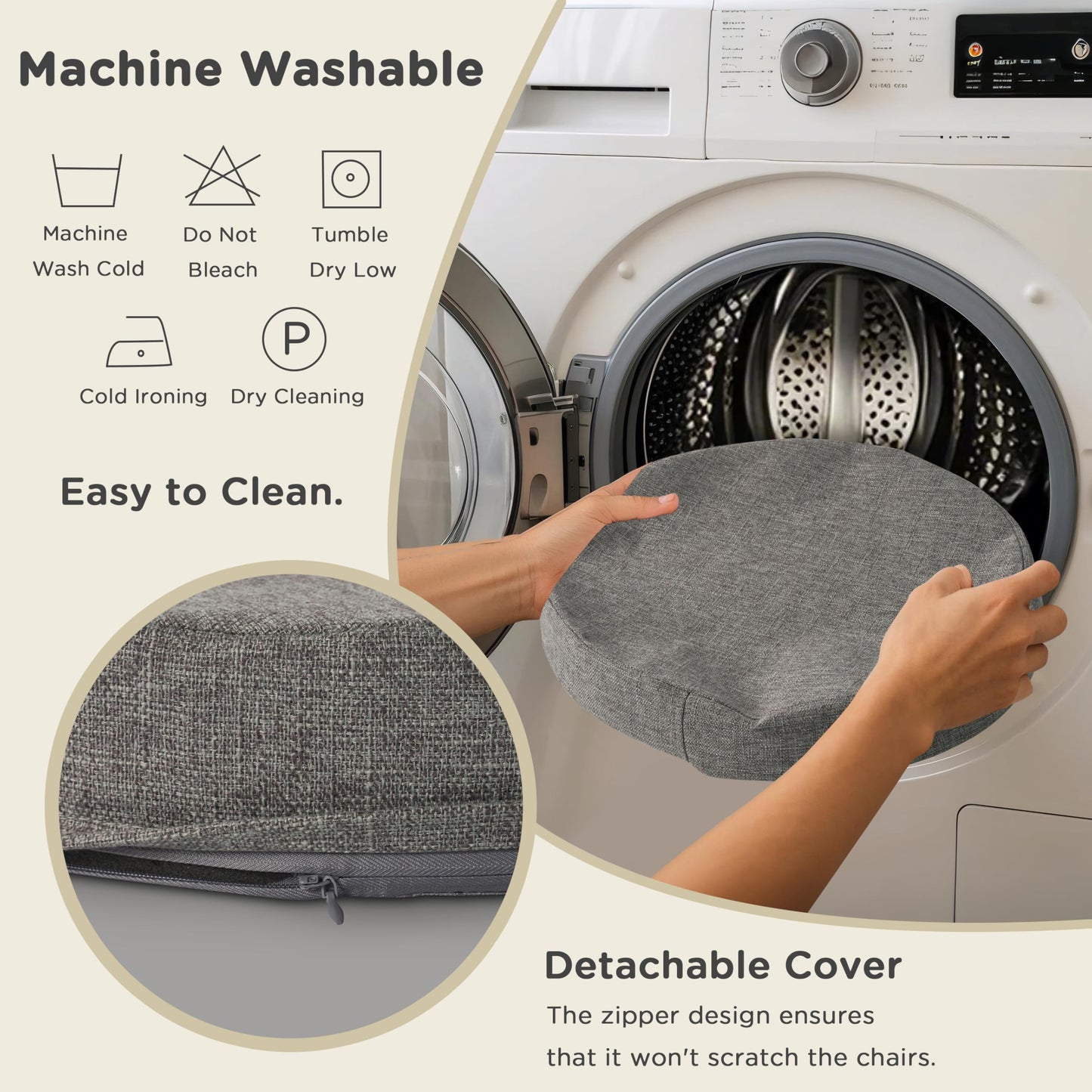 AddGrace 2.5" Thick Non Slip Round Chair Pad 1 Pack, 16" Round Chair Cushion with Machine-Washable Cover and Long Zipper, Seat Cushions for Kitchen, Office, Floor and 16" Ottoman, Light Grey