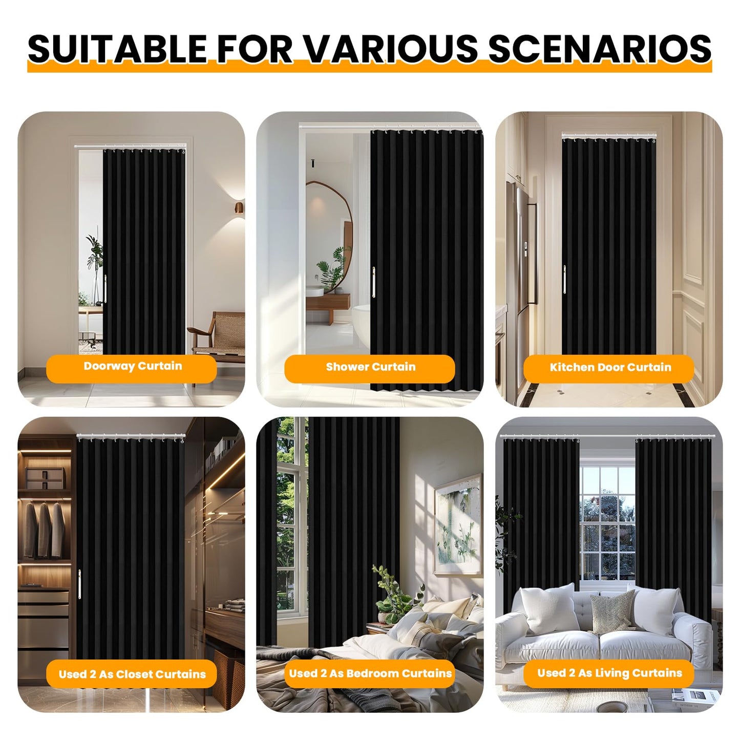 AJAZZ 100% Blackout Accordion Door Closet Curtain Door Curtain Invisible Applicable Bedroom Room Living Room Doorway (Black 72" W x 78" L) 1 Panel