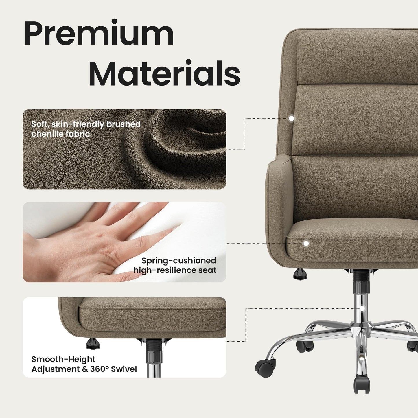 COLAMY Cocoon Modern Executive High Back Home Office Chair, Upholstered Desk Chair with Wheels, Vanity Chair with Head and Lumbar Support, Armrest (Camel)