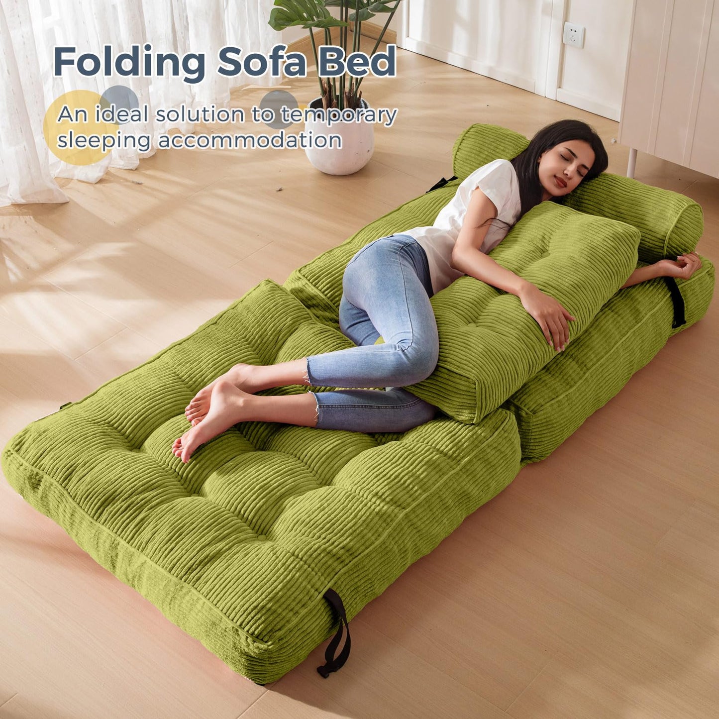 MAXYOYO Folding Sofa Bed, Convertible Chair with Pillow Foldable Couch with Back Support, Portable Fold Out Chair Bed Comfy Floor Sofa Lounge for Living Room Bedroom, Beige, Green