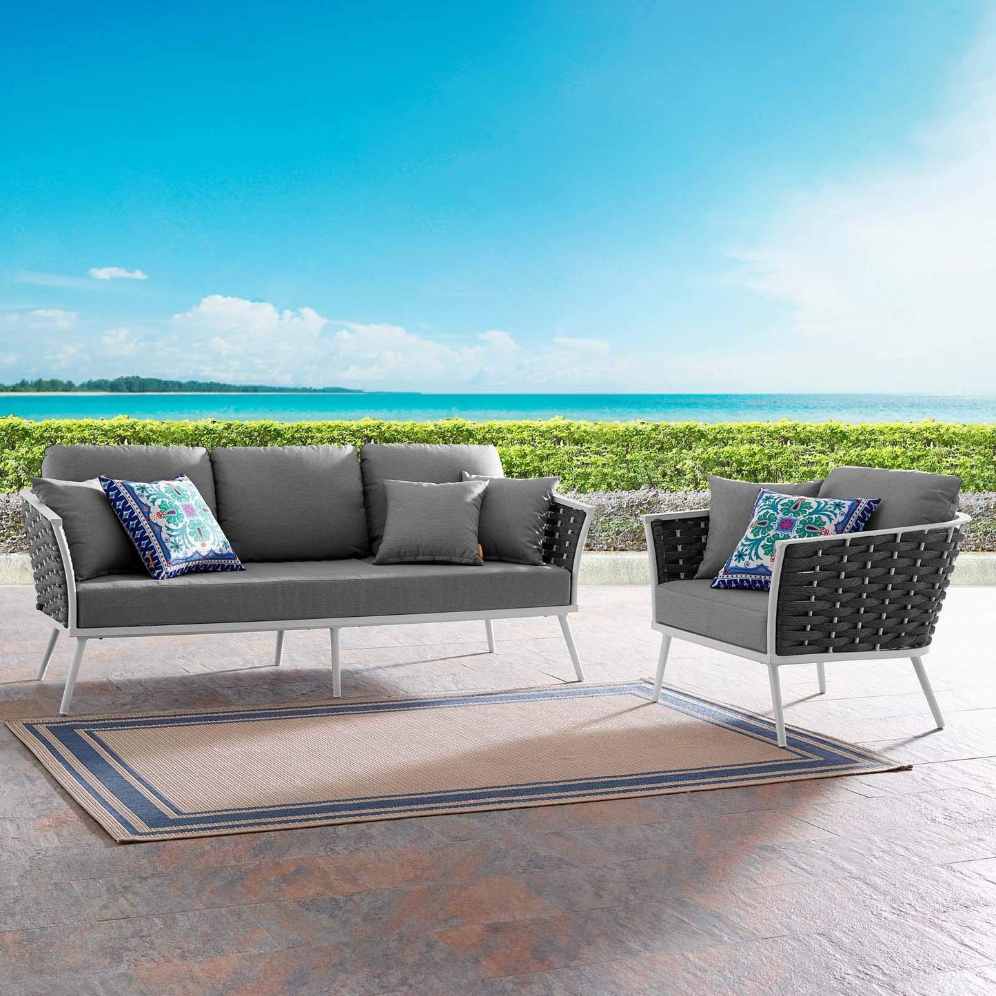 Modway Stance Outdoor Patio Aluminum Sofa and Armchair in White Gray