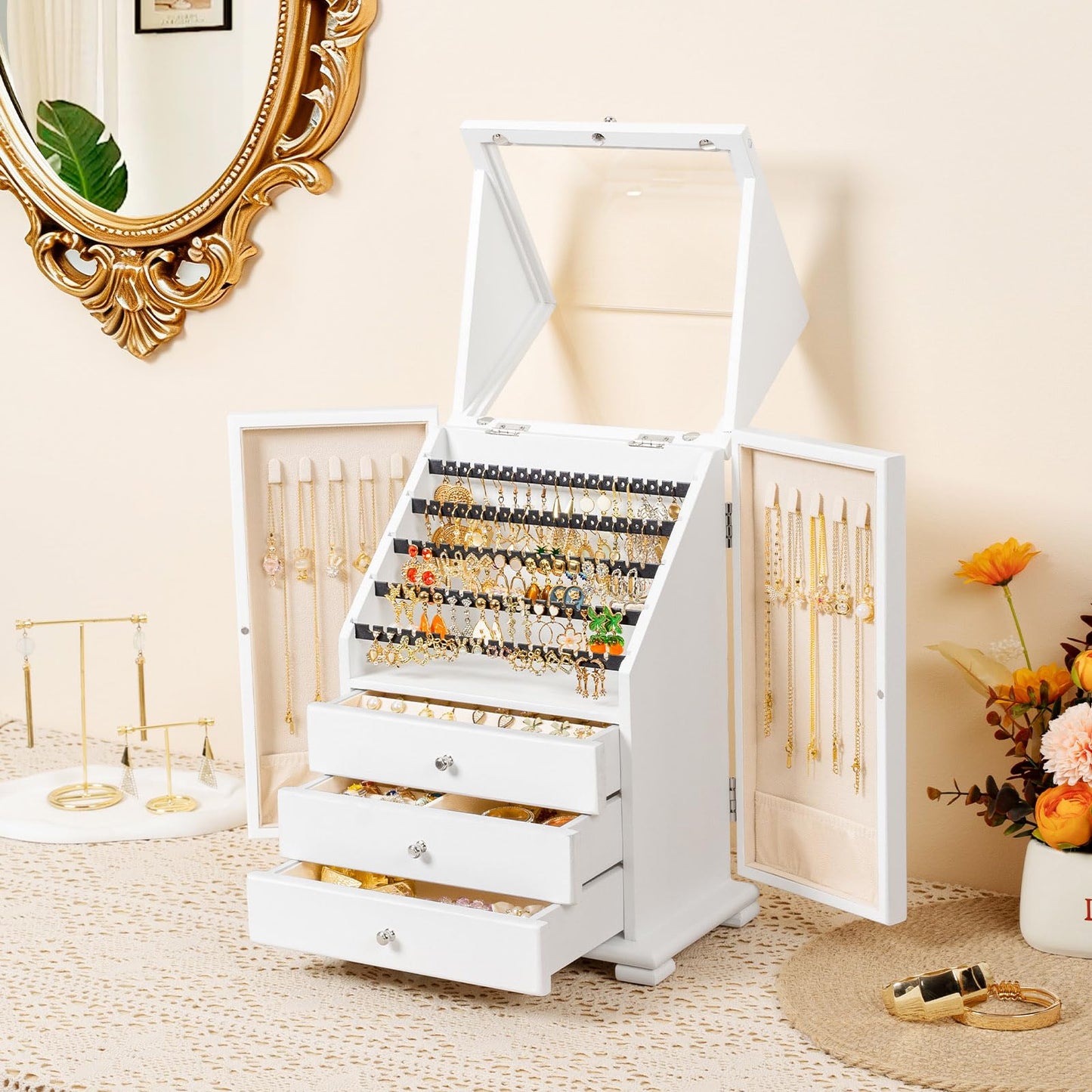 Srillollar Jewelry Box Organizer, Rustic Wooden Jewelry Boxes for Women Girls, Large Storage Earring Holder Organizer Display for Earrings Necklaces Rings Bracelets (White)